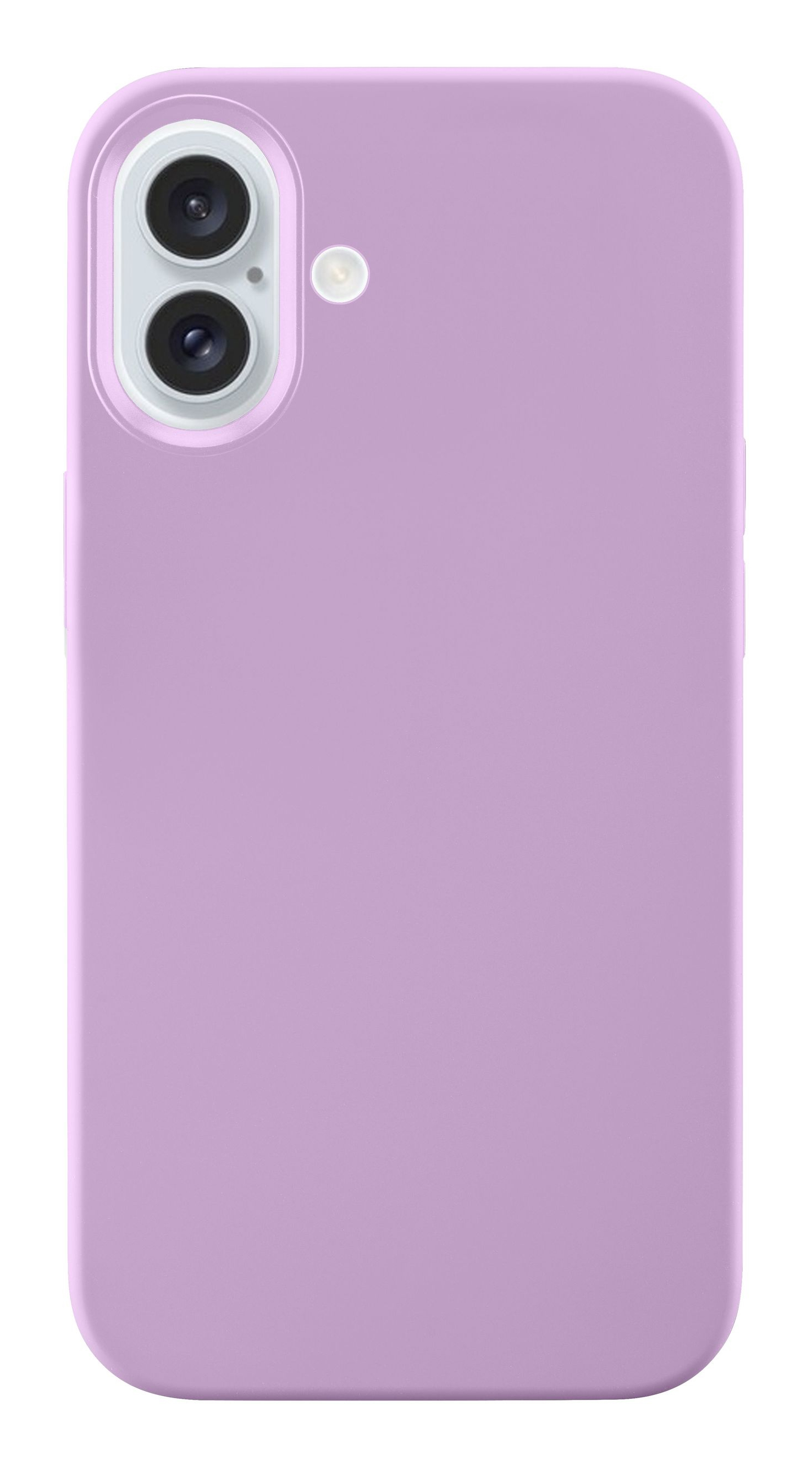 Une coque de téléphone lilas avec une découpe pour un appareil photo à double objectif.