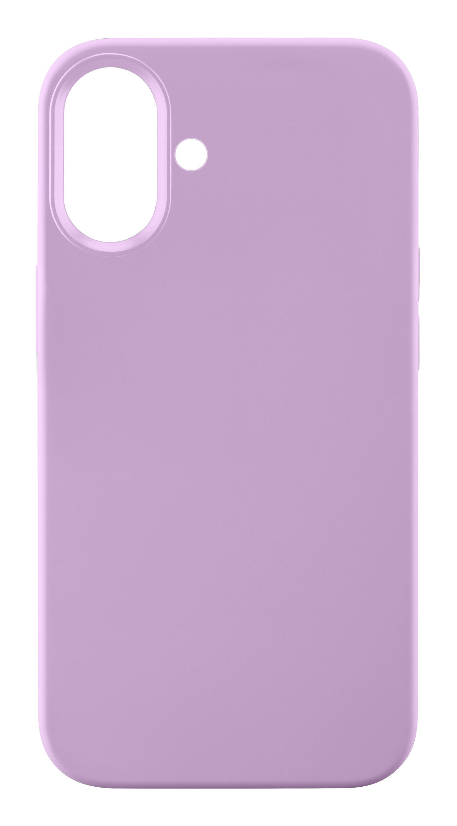 Coque de téléphone violette avec trou pour caméra et boutons latéraux sur fond blanc.