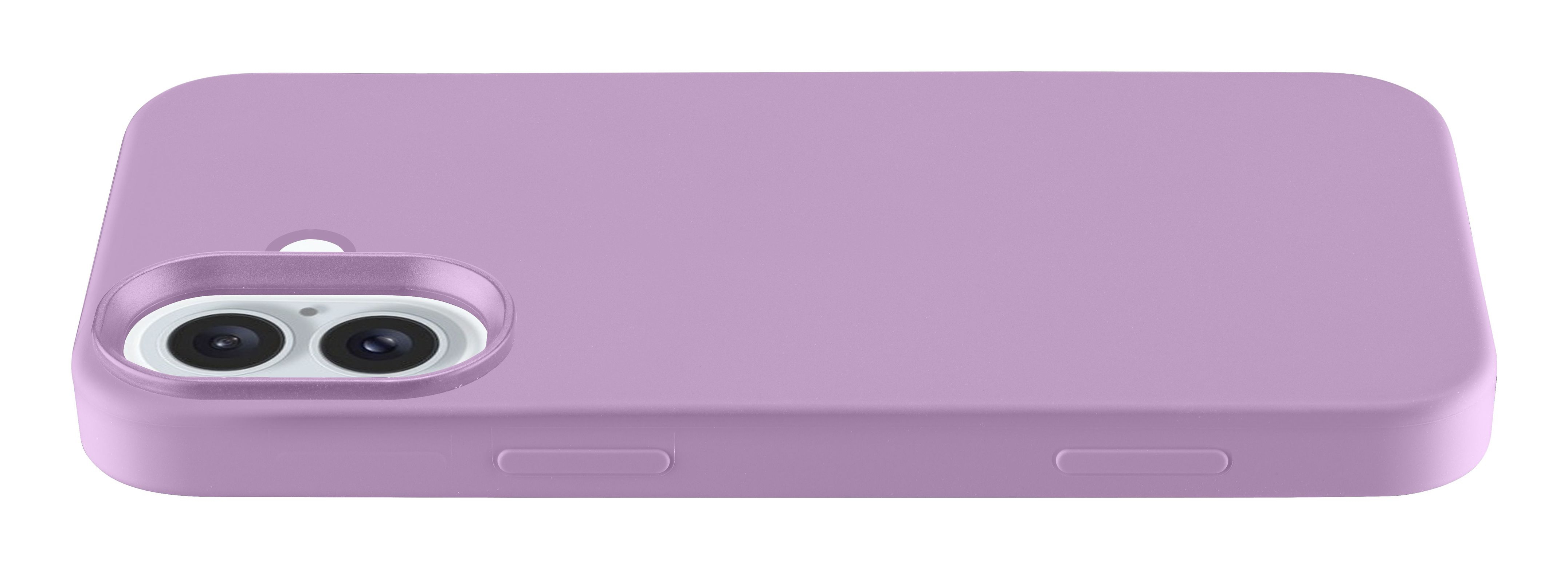 Une coque de téléphone lavande avec une découpe pour l'appareil photo, sur fond blanc.