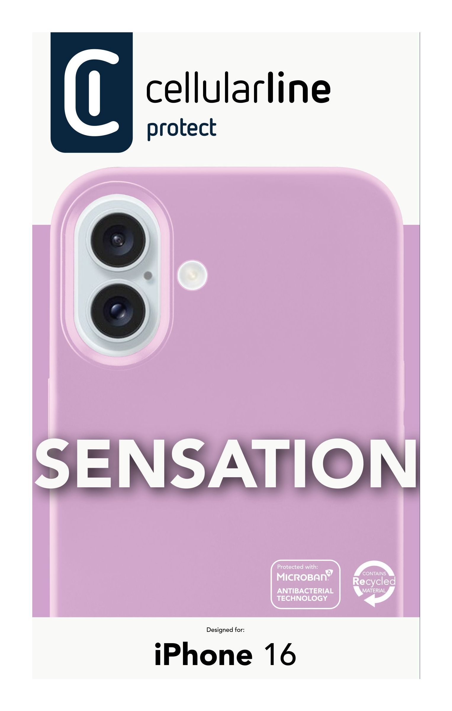 Coque pour iPhone 16 rose avec le mot SENSATION. Fond blanc.