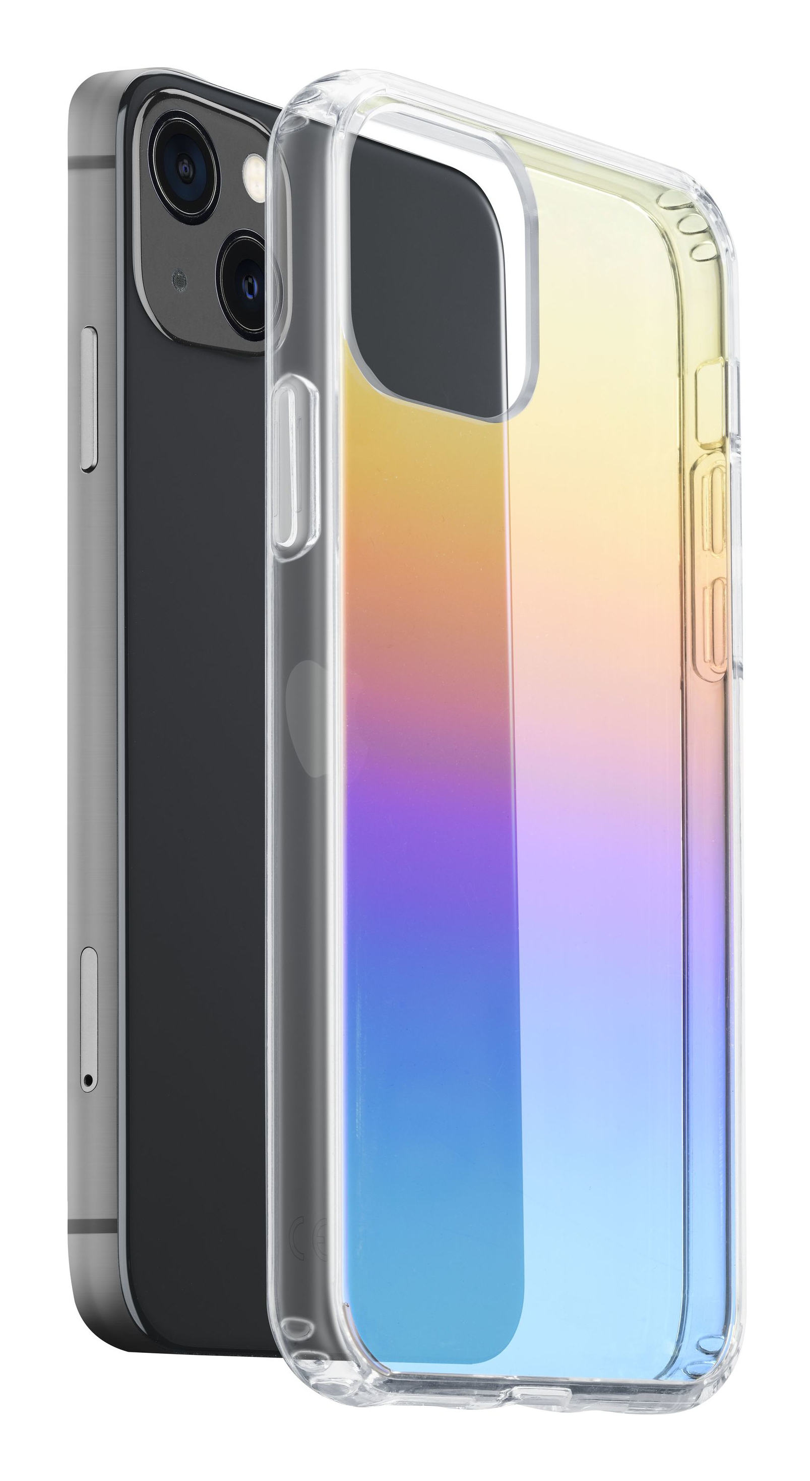 Un telefono e una custodia per telefono. La custodia ha un colore sfumato.