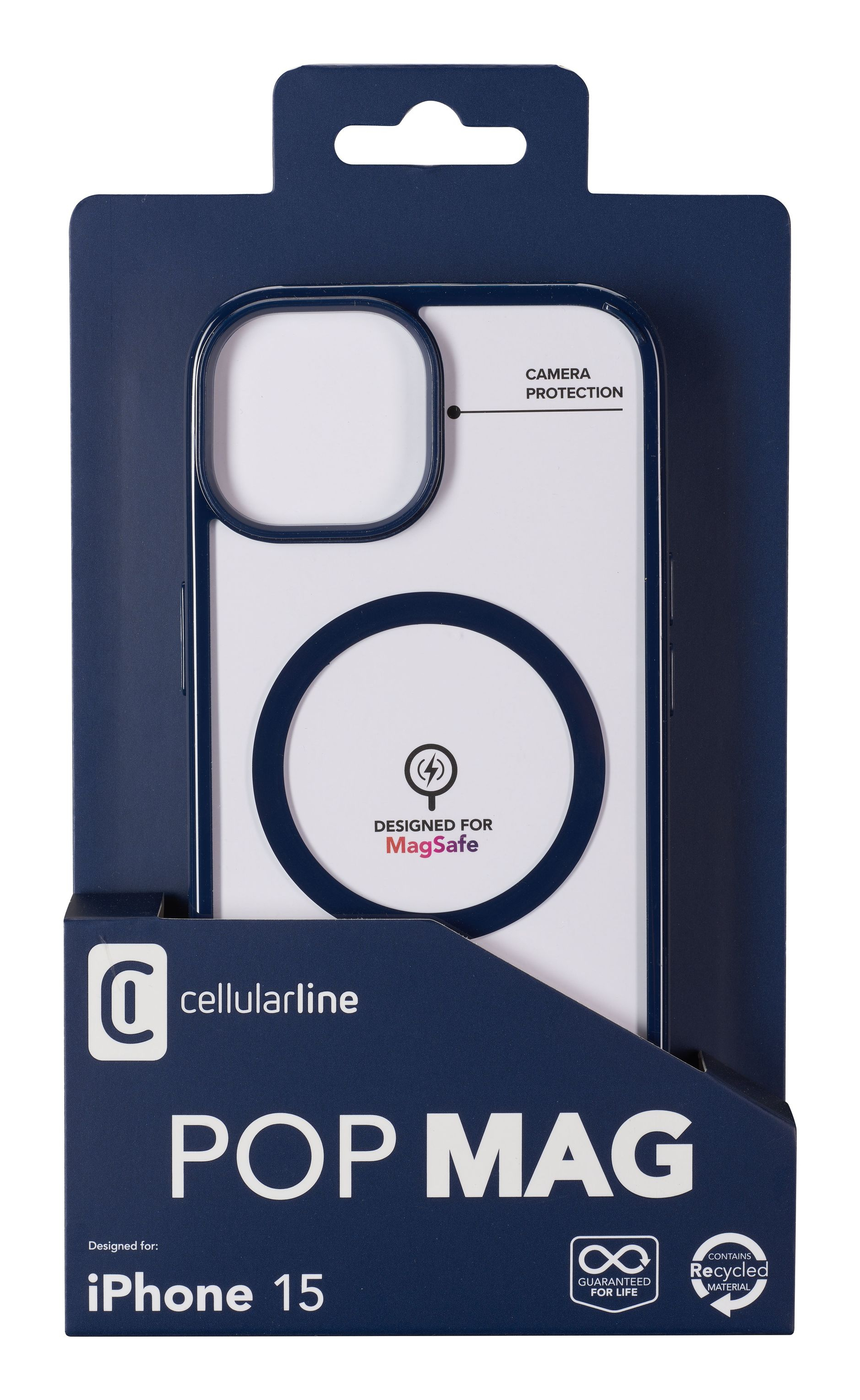 Custodia per iPhone 15 Pro Max in una scatola. Progettata per MagSafe. Custodia bianca con finiture blu scuro.