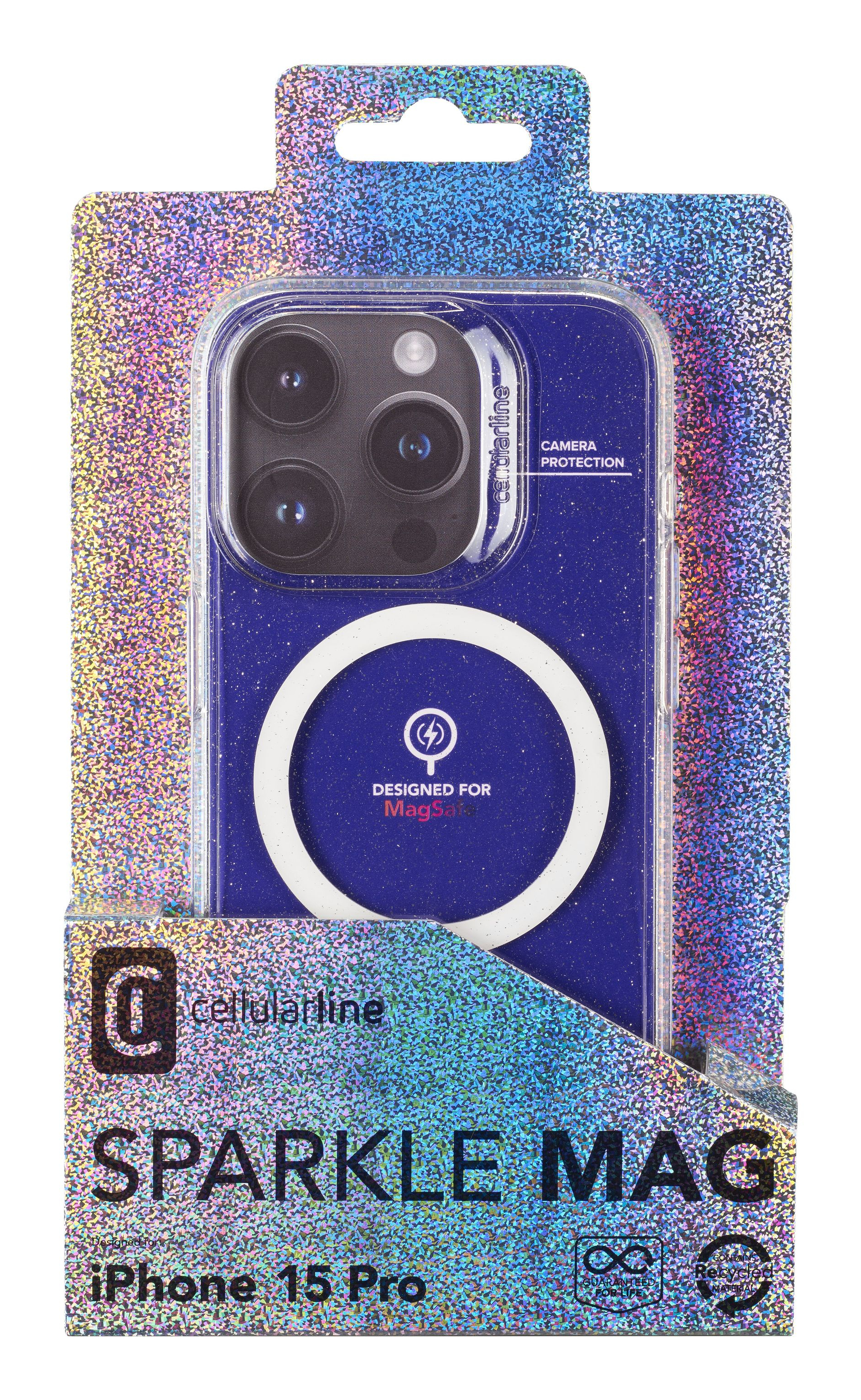 Una funda de teléfono azul con diseño brillante, diseñada para iPhone 15 Pro.