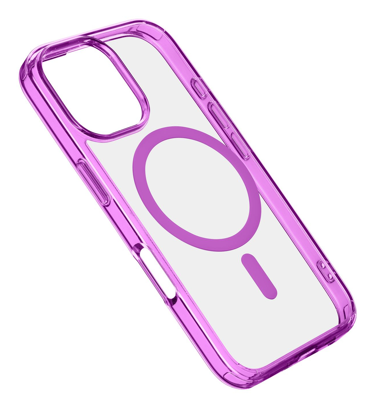 Custodia per telefono viola con retro trasparente e design magnetico circolare, inclinata contro il bianco.