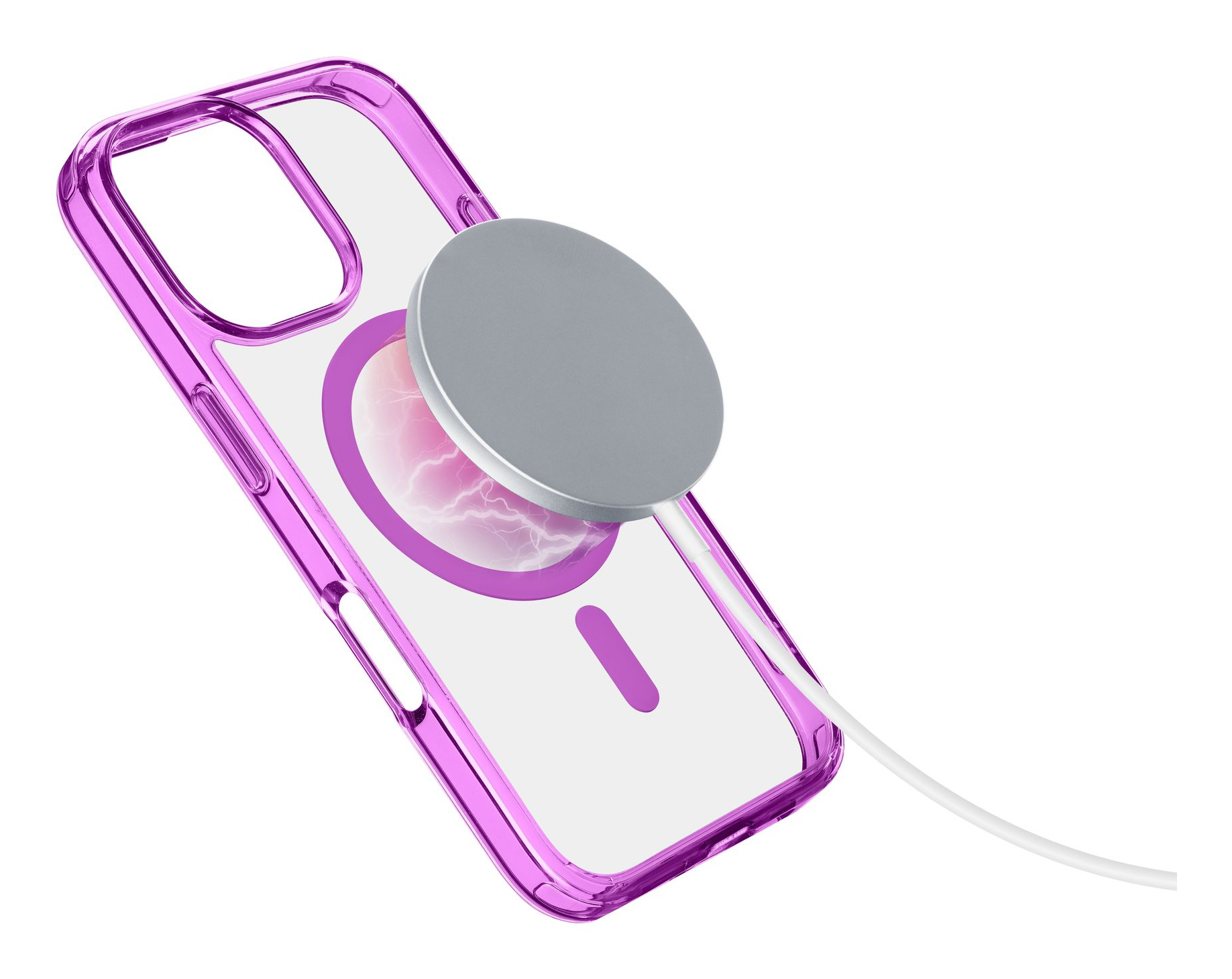 Funda de teléfono con disco de carga adjunto. La funda es morada y transparente.
