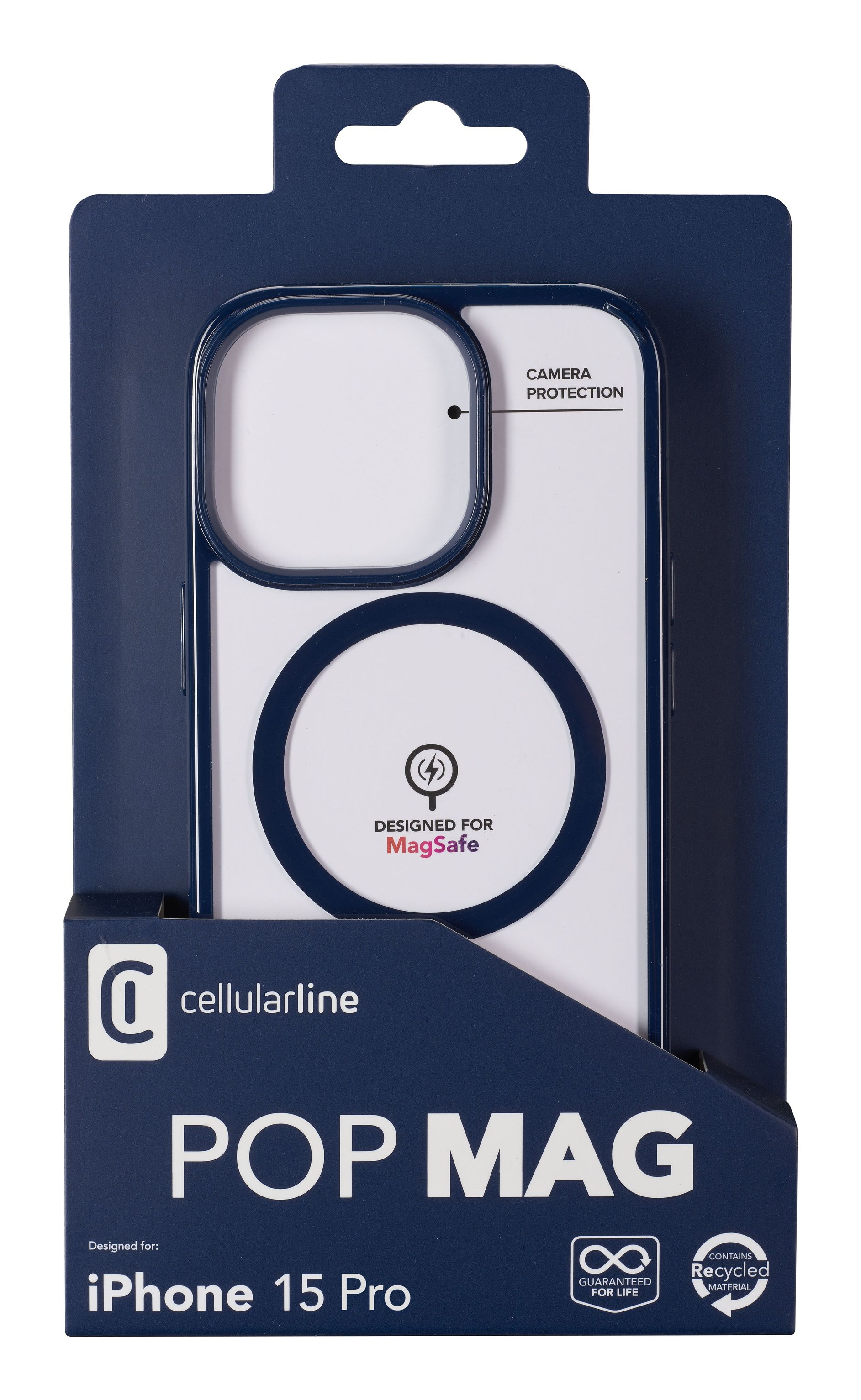 Un packaging per custodie per telefoni con il testo "POP MAG" e "Designed for MagSafe" su sfondo bianco.