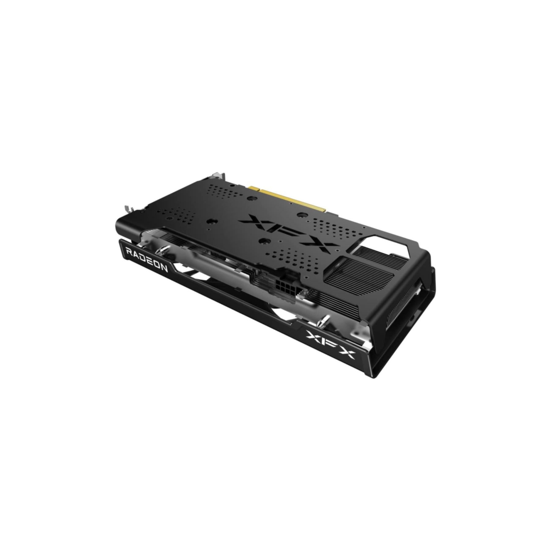 Czarna karta graficzna XFX Radeon. Karta ma czarno-srebrny design z logo Radeon i XFX.