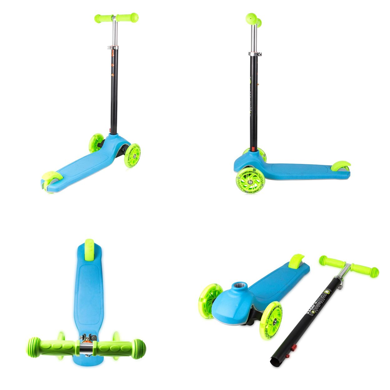 Vier Ansichten eines blau-grünen Rollers mit schwarzem Griff und drei Rädern.