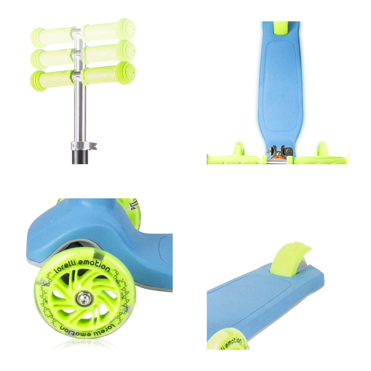 Vier Ansichten eines blau-grünen Rollers, einschließlich Lenker, Räder und Deck.