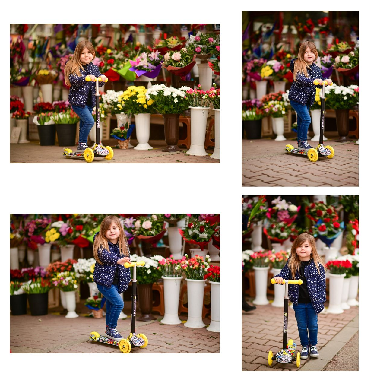Vier Fotos von einem Mädchen auf einem Roller vor einem Blumengeschäft mit Blumen.