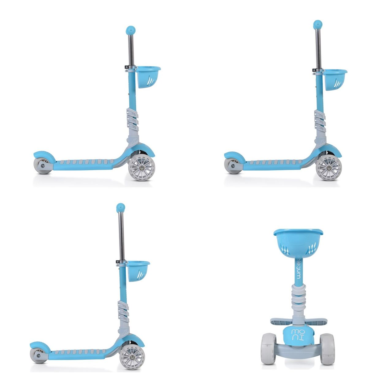 Mehrere Ansichten eines blauen Rollers mit Korb und verstellbarem Griff.