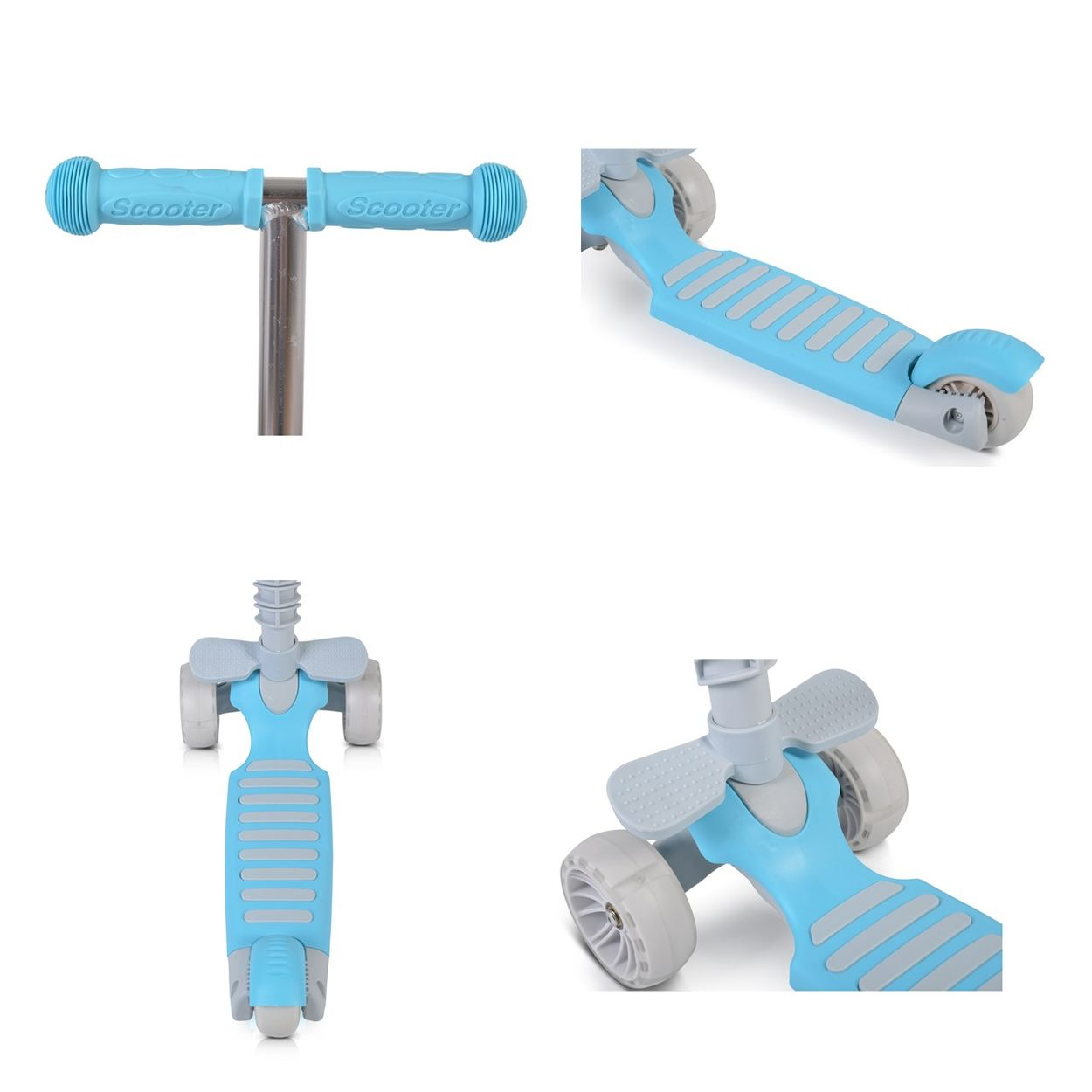 Blauer Roller mit grauen Akzenten. Der Roller hat ein Dreirad-Design. Der Griff hat die Aufschrift „Scooter“.