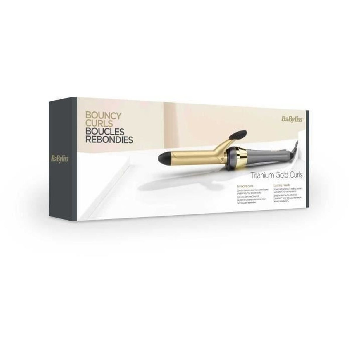 Box of curling iron with text: 'Bouncy Curls', 'Titanium Gold Curls'.