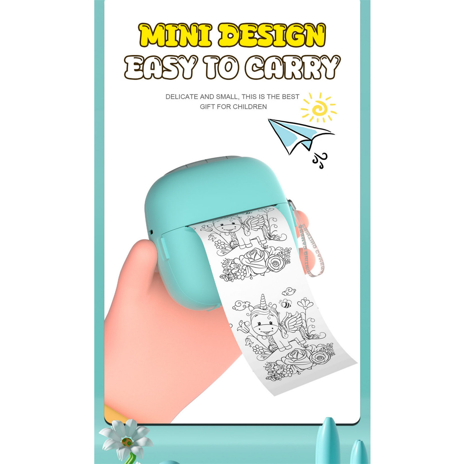 Eine Hand, die einen türkisfarbenen Drucker hält, der eine Einhornzeichnung druckt. Text oben: MINI DESIGN.
