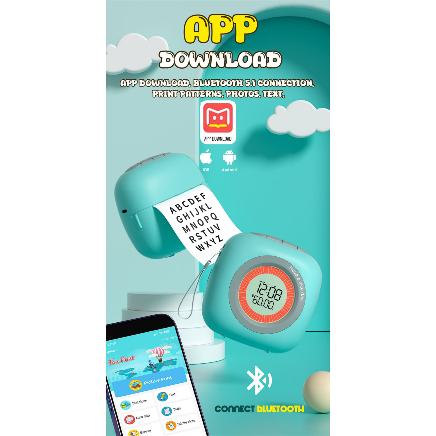 Ein türkisfarbener Drucker mit Uhrenanzeige, der ein Diagramm druckt. Telefon zeigt App-Download.