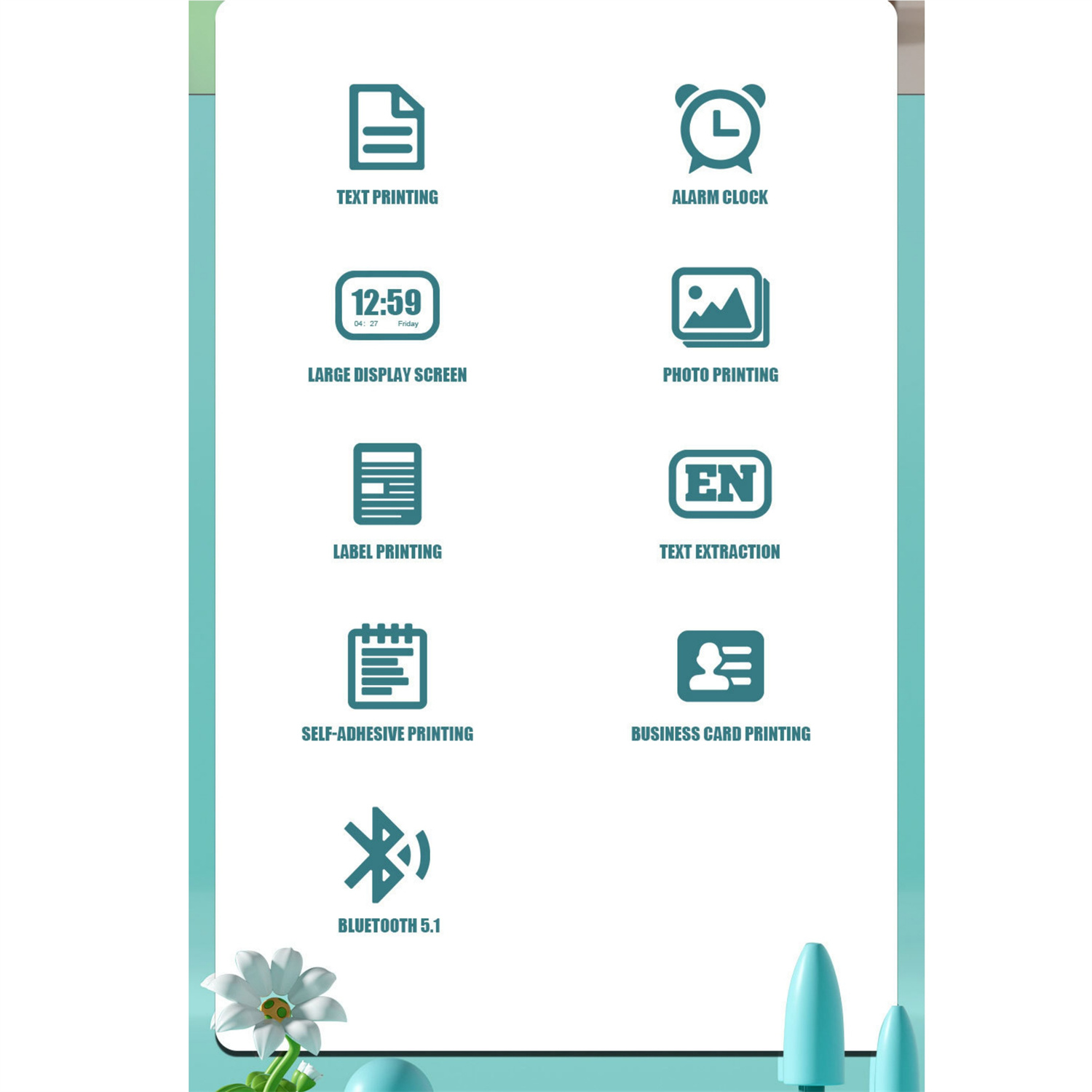 Symbole, die Funktionen eines Etikettendruckers beschreiben: Textdruck, Wecker, Fotodruck und mehr.