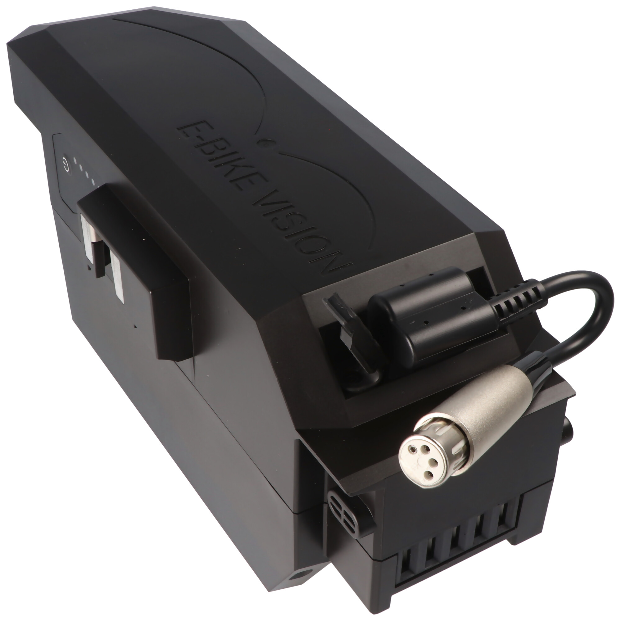 Een zwarte e-bike-accu met een connector en kabel, geïsoleerd op wit. Met de woorden 'E-BIKE VISION'.
