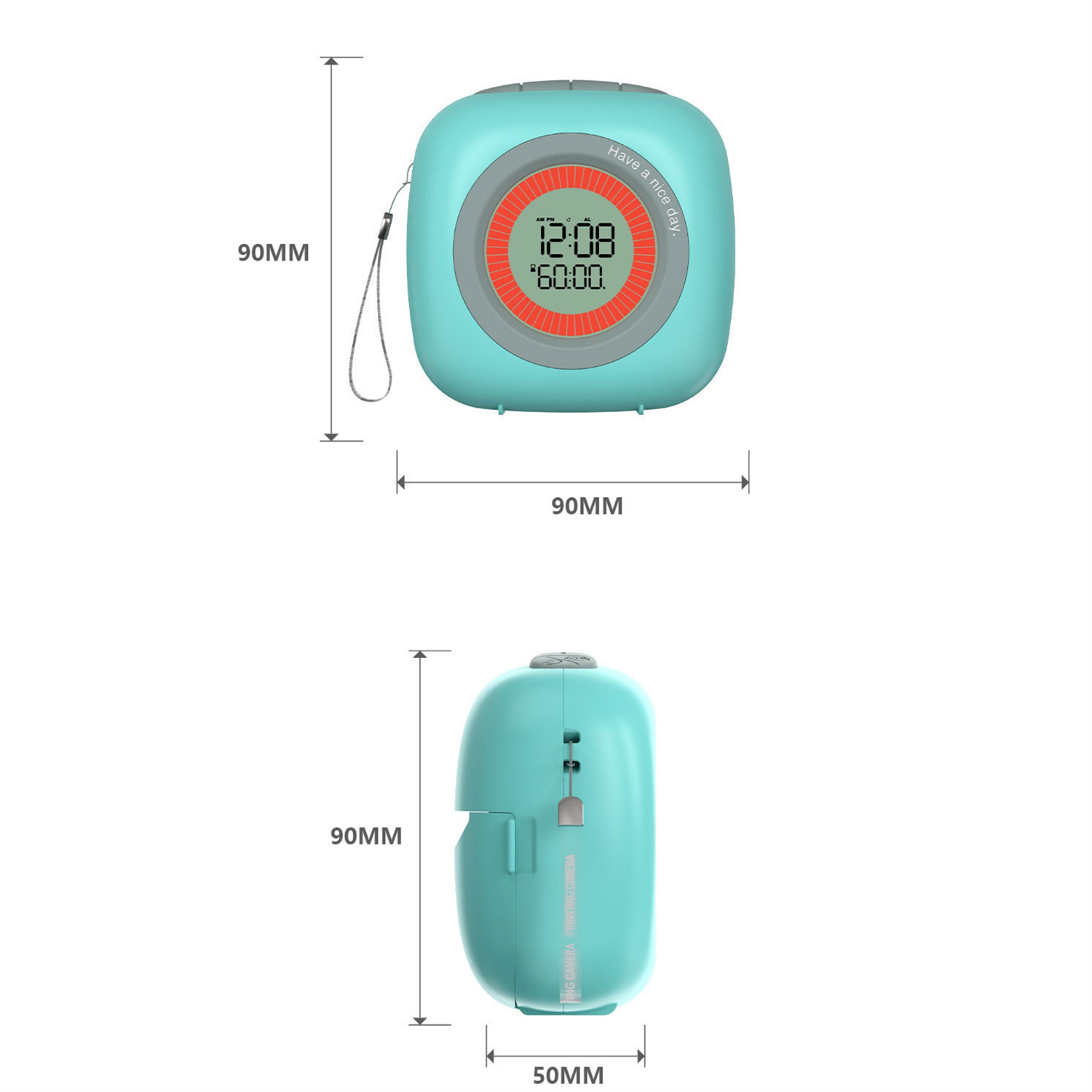 Diagramm eines türkisfarbenen Druckers mit Uhr, das Abmessungen zeigt: 90 mm x 90 mm x 50 mm.