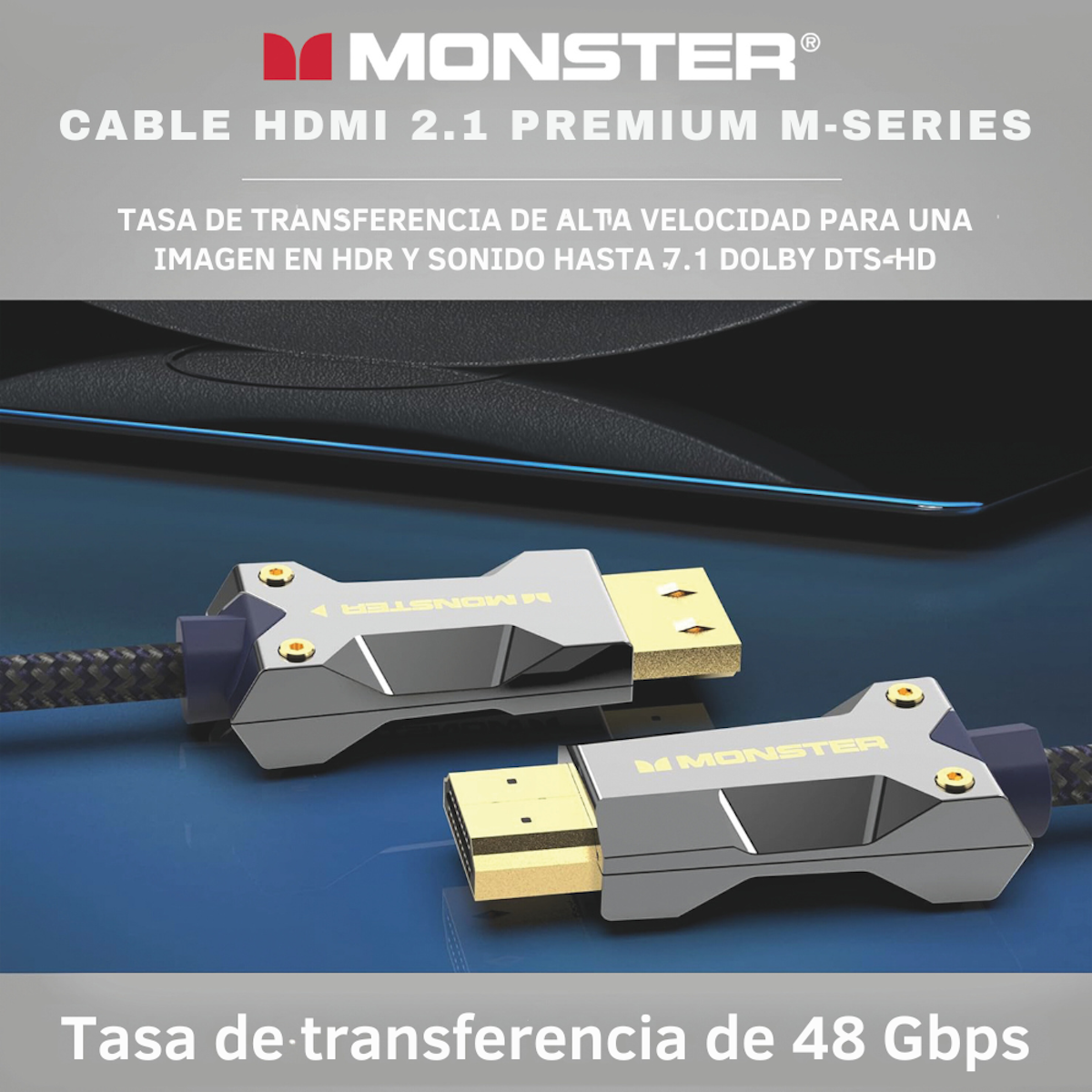 Cables HDMI con conectores dorados y texto sobre las tasas de transferencia de datos.