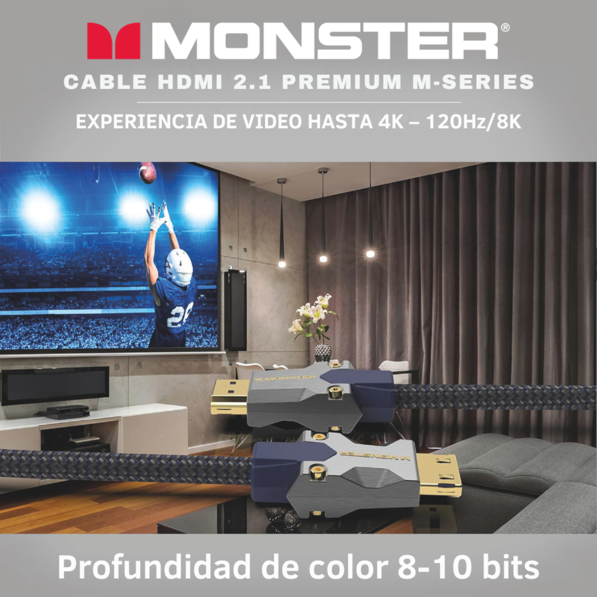 Cable HDMI con pantalla de partido de fútbol. El cable es negro y gris. La pantalla muestra un jugador de fútbol.