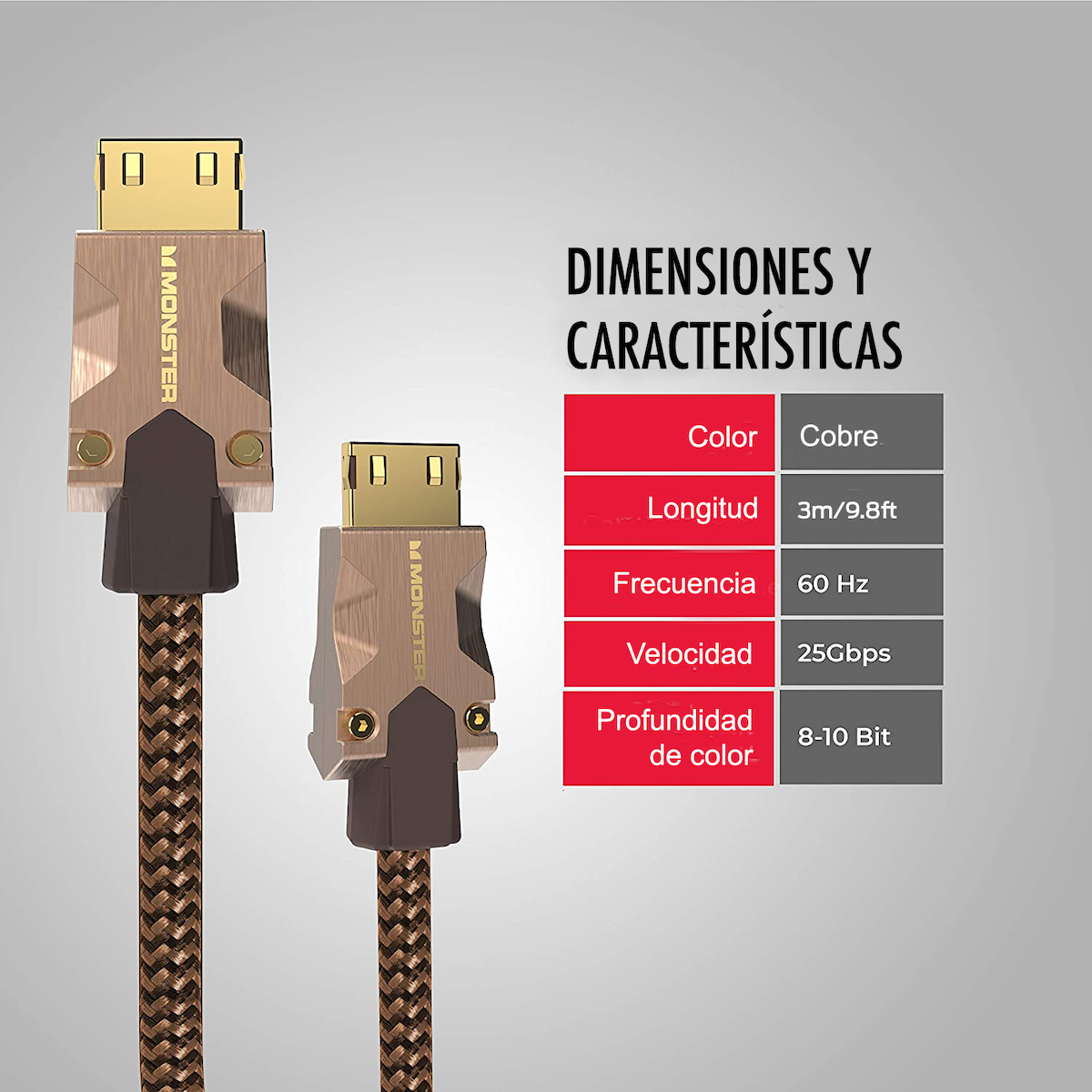 Cable HDMI con conectores dorados y cable trenzado marrón, con tabla de especificaciones.