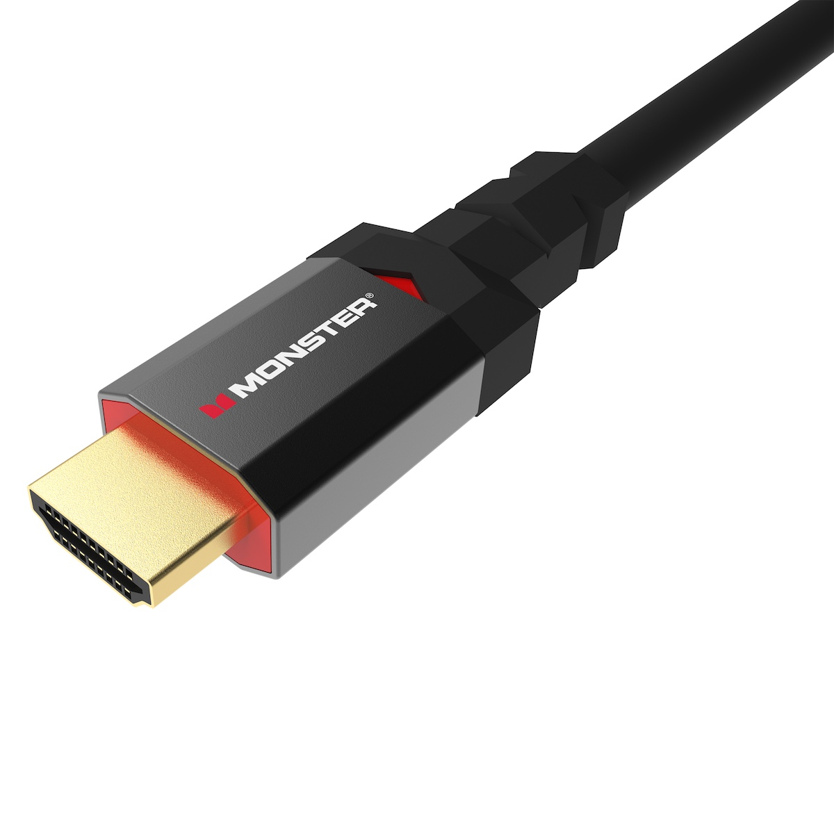 Cavo HDMI nero e rosso con il marchio 'MONSTER' sul connettore.