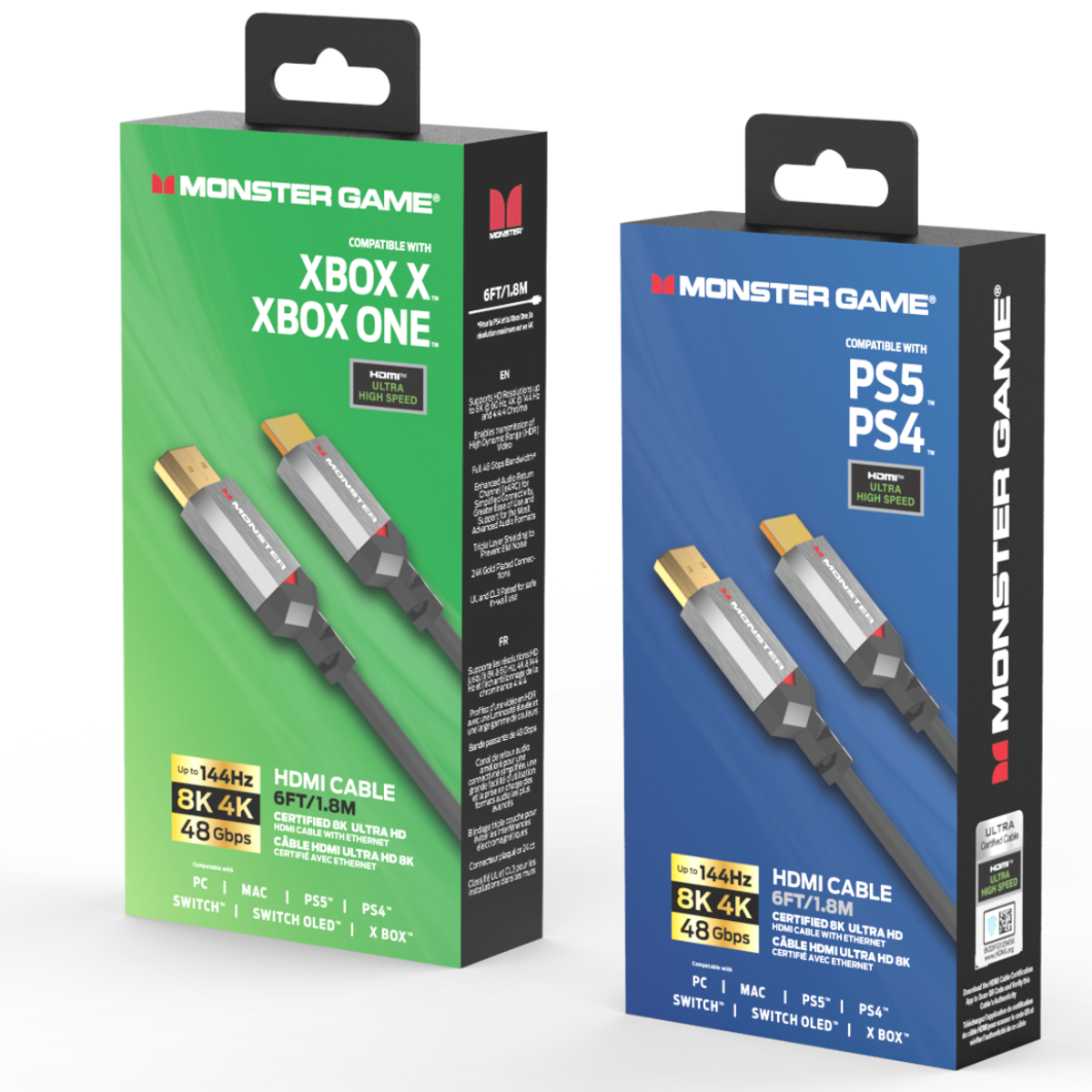 Due scatole di cavi HDMI Monster Game, con specifiche e dettagli di compatibilità.