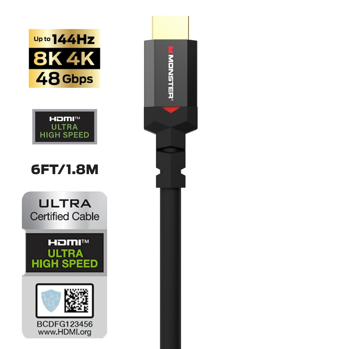 Cavo HDMI nero con connettori. Testo: 8K 4K, Ultra High Speed e altre specifiche.
