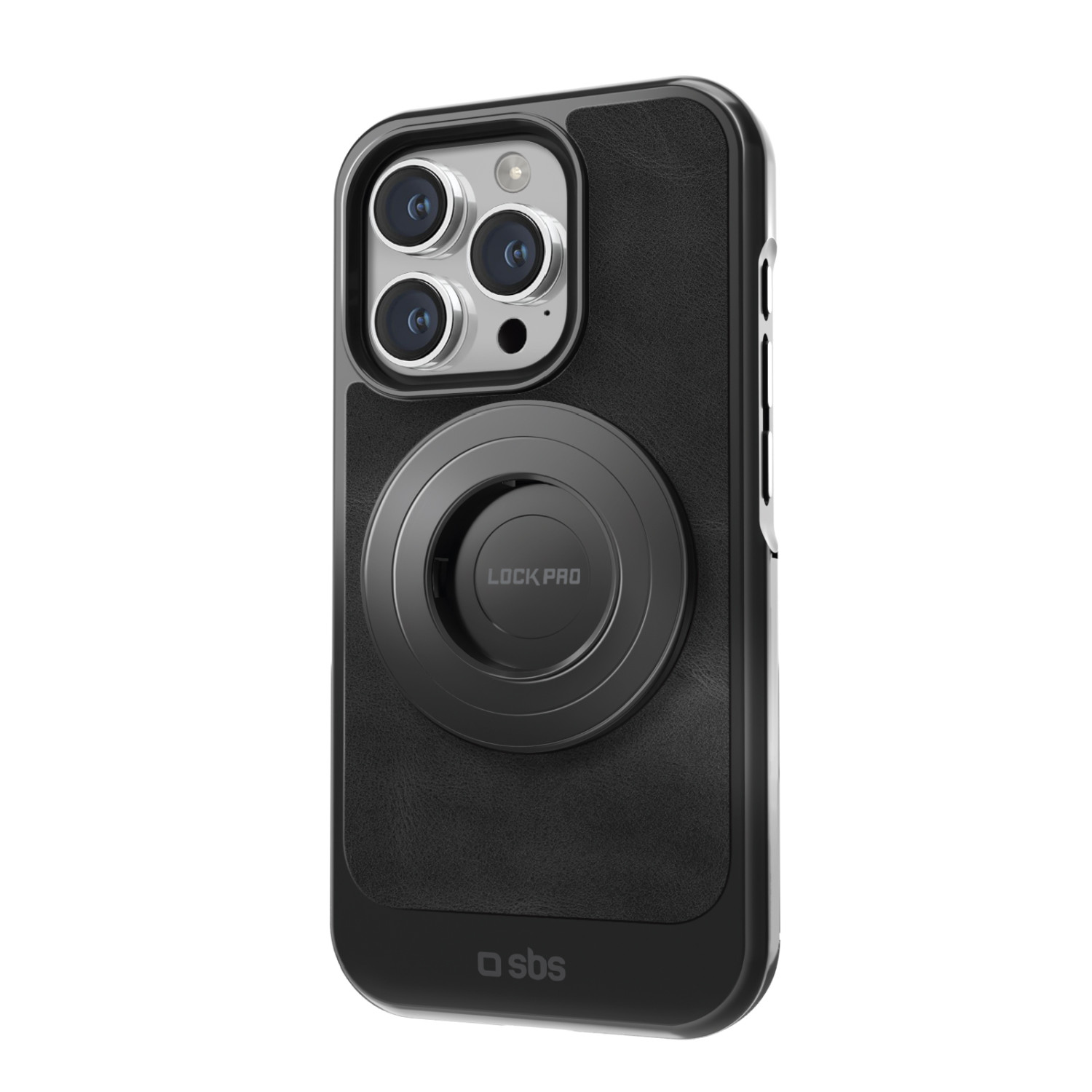 Custodia nera per telefono con attacco magnetico circolare nero, su retro in pelle nera.