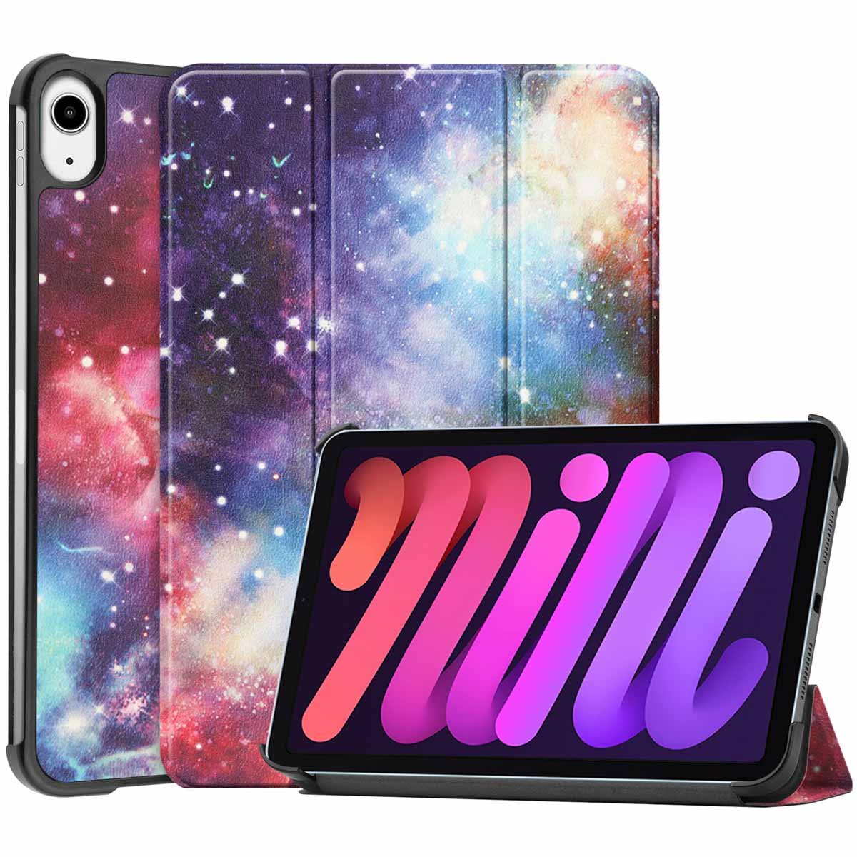 iPad mini in een hoesje met een galaxy-ontwerp op de cover. De iPad geeft een kleurrijk patroon weer.