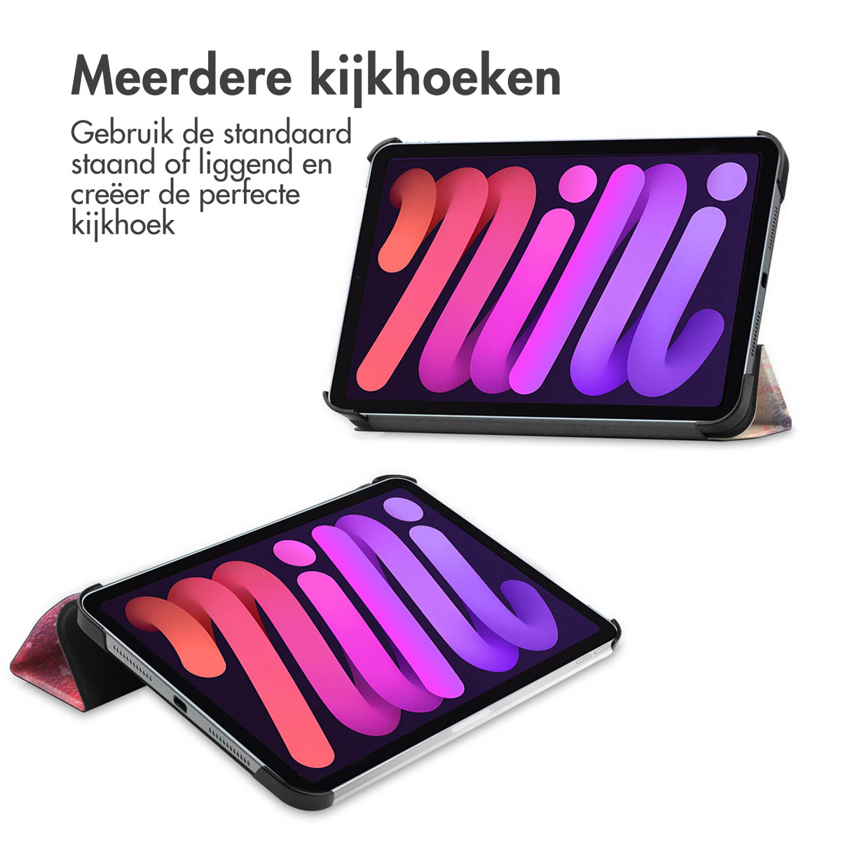 Twee iPads met hoesjes, één open en één gesloten, tonen paarse en roze kunst.