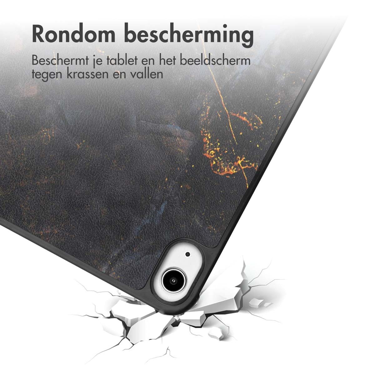 Tablet met hoes, een donker marmerachtig patroon, met de tablet die het oppervlak breekt.