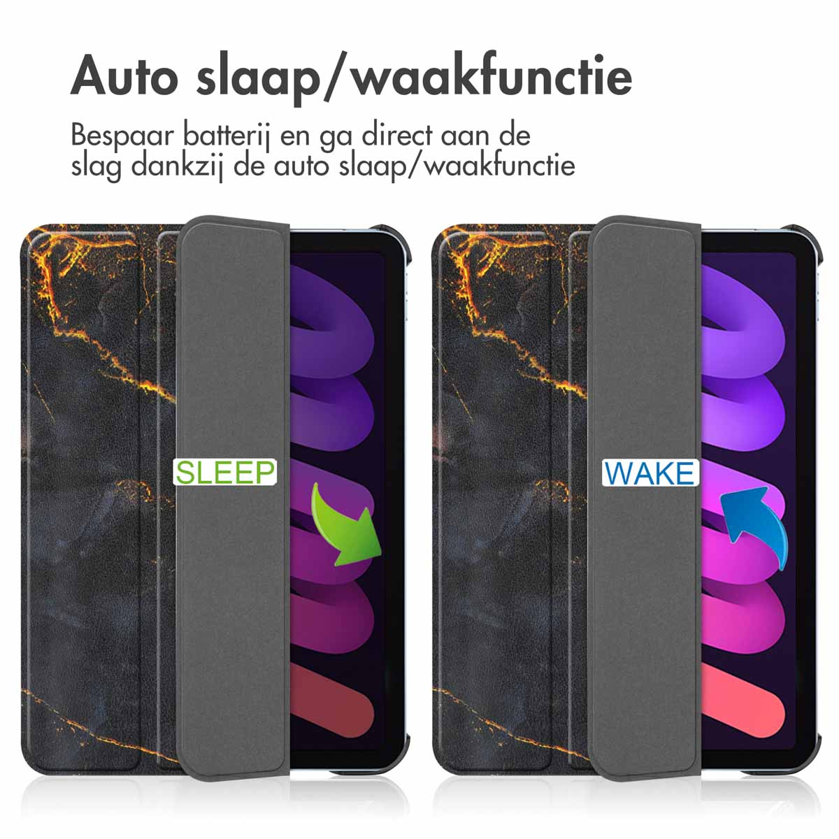 Twee iPad-hoesjes, die 'slaap'- en 'wake'-functies tonen. Eén heeft een groene pijl, de andere een blauwe.
