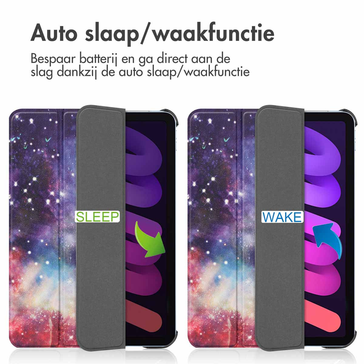 Tablethoes met slaap/waak-functie, gesloten en open toestand tonend. Galaxy-thema.