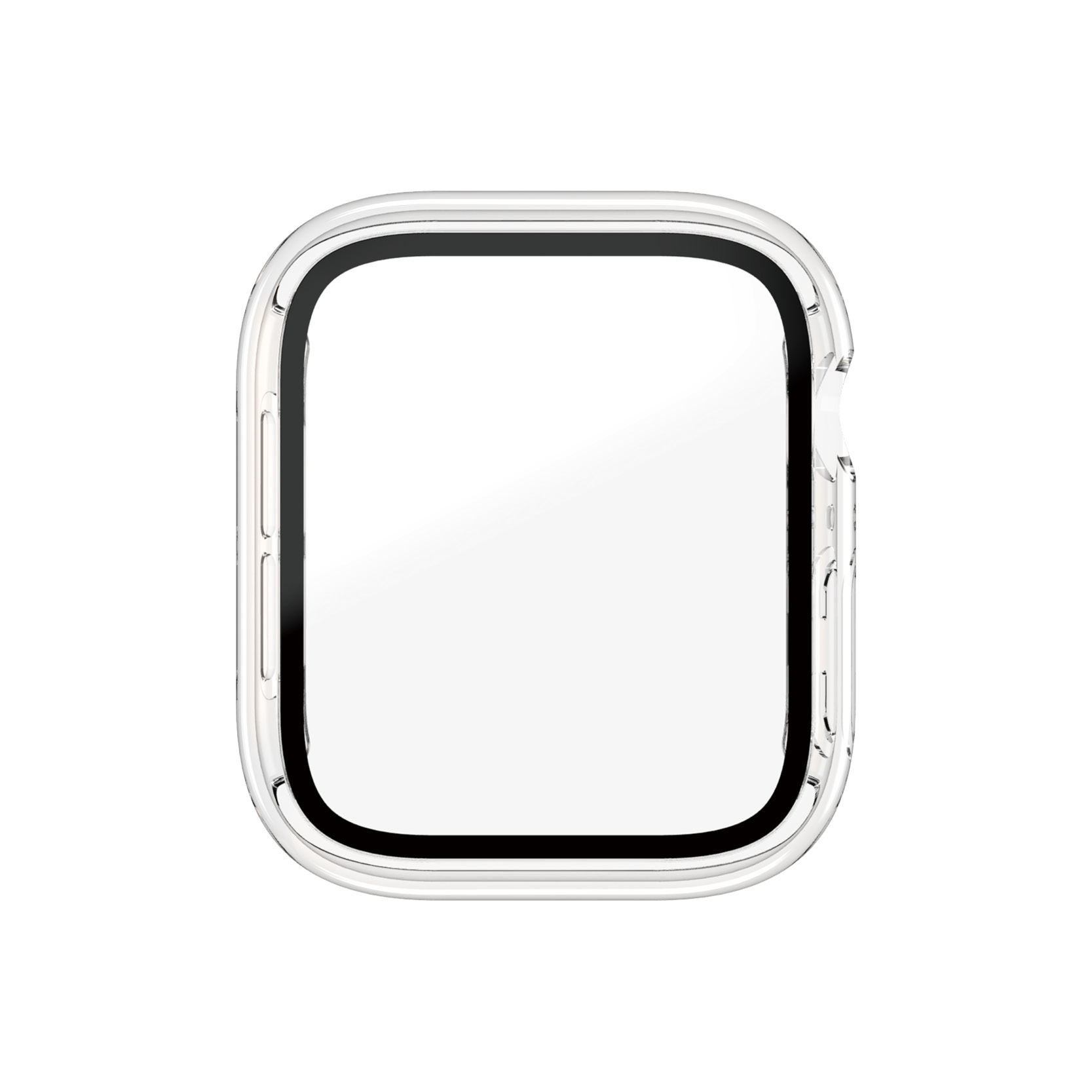Een doorzichtige beschermhoes voor een smartwatch, met een zwarte rand.