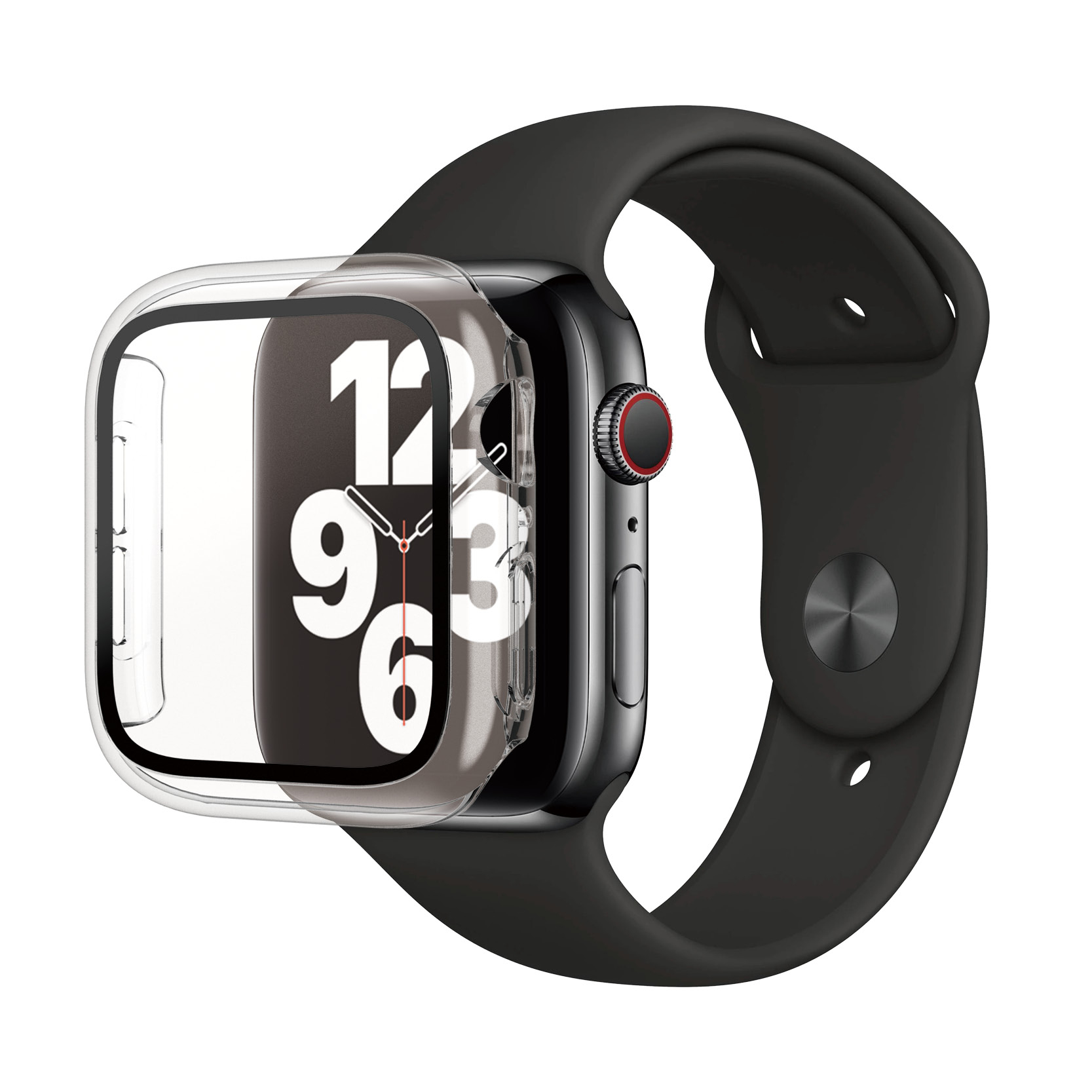 Apple Watch met zwarte band en transparante hoes. De wijzerplaat toont de tijd. De achtergrond is wit.