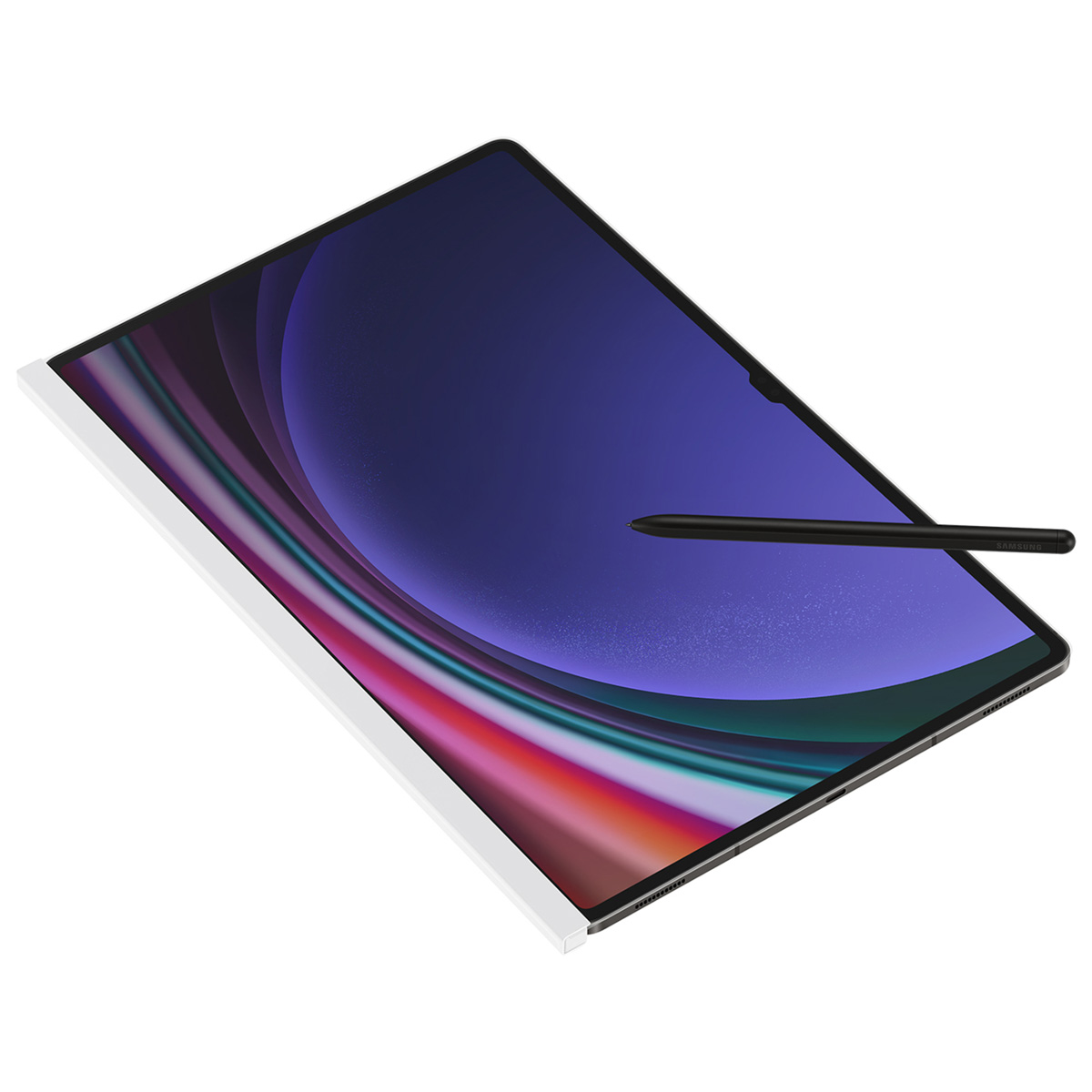 Tablet con una penna, lo schermo è viola, colore blu, su uno sfondo bianco.