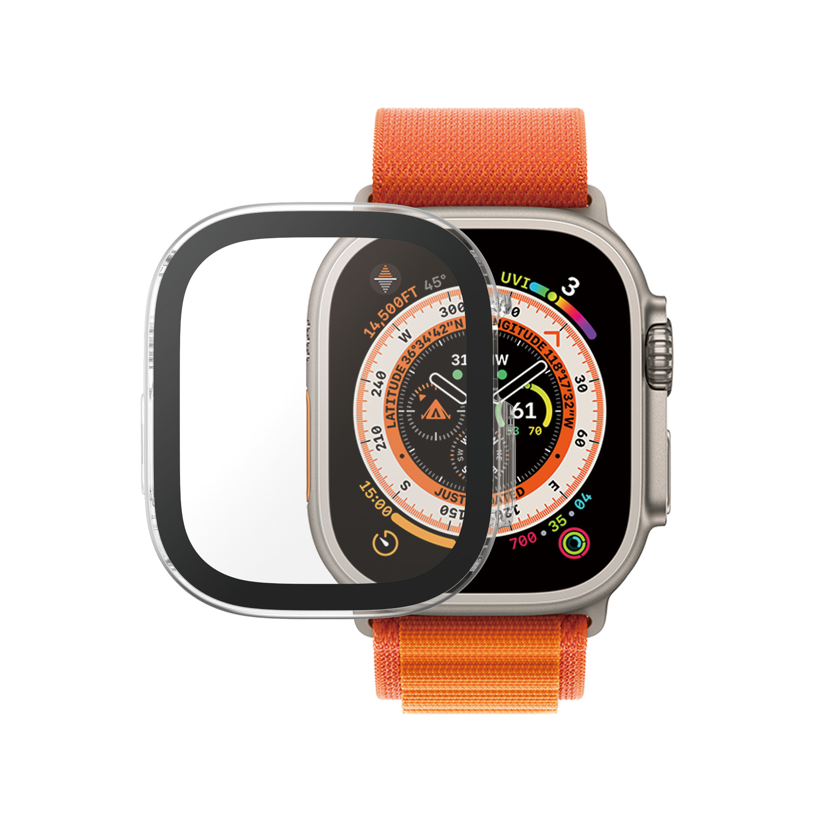 Eine Smartwatch mit orangefarbenem Armband und Displayschutz, mit einem isolierten, klaren Displayschutz.