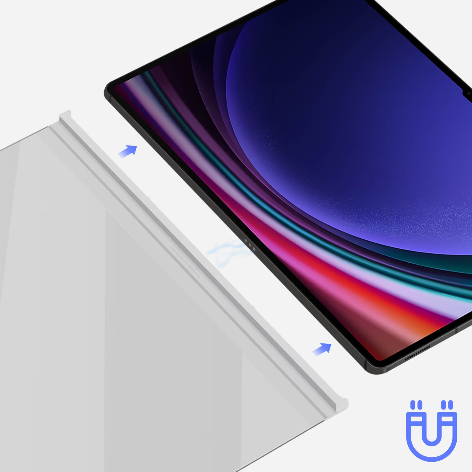 Pellicola protettiva per tablet applicata su un tablet, che mostra l'attrazione magnetica.