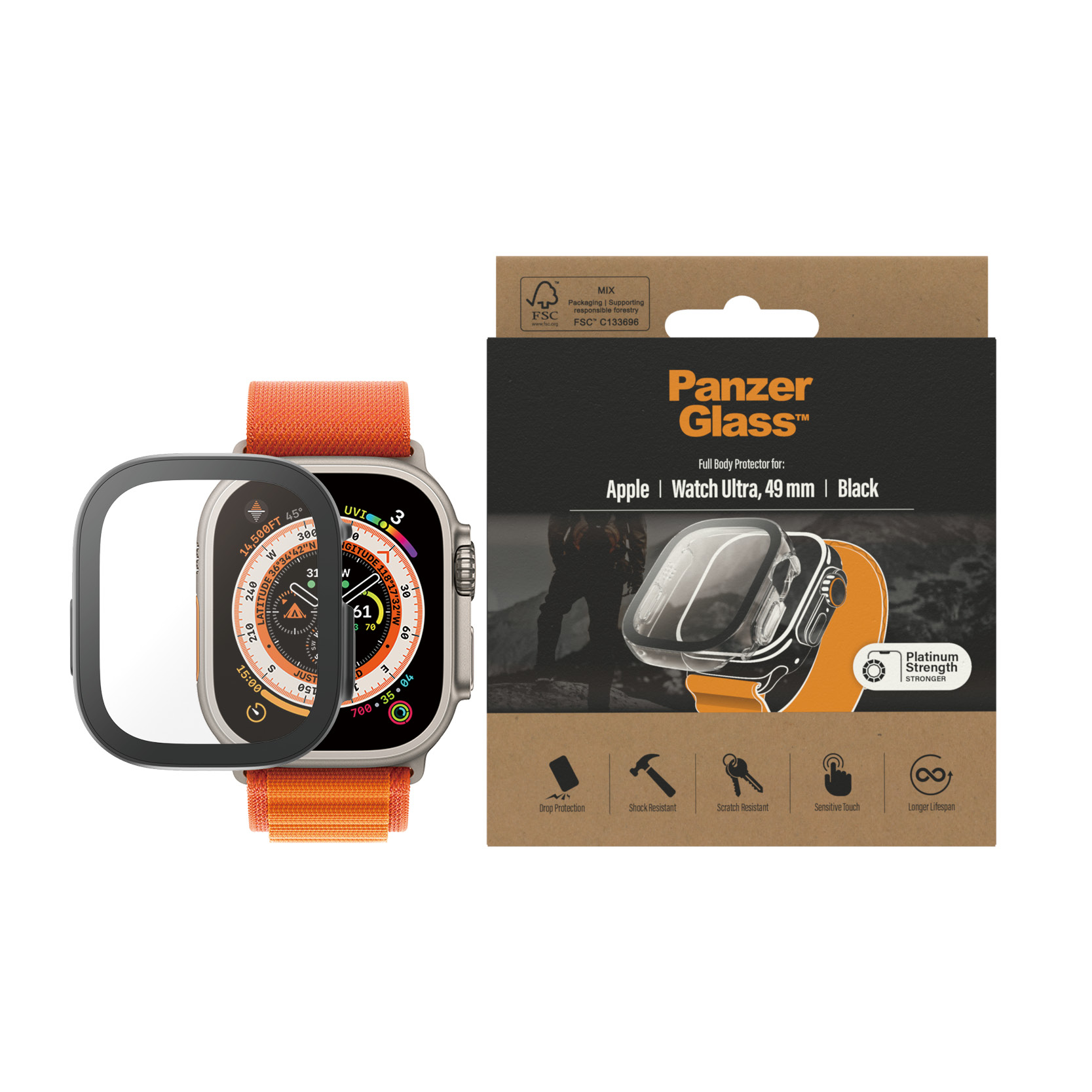 Une montre connectée avec un bracelet orange, un protecteur d'écran et un emballage pour un protecteur intégral.