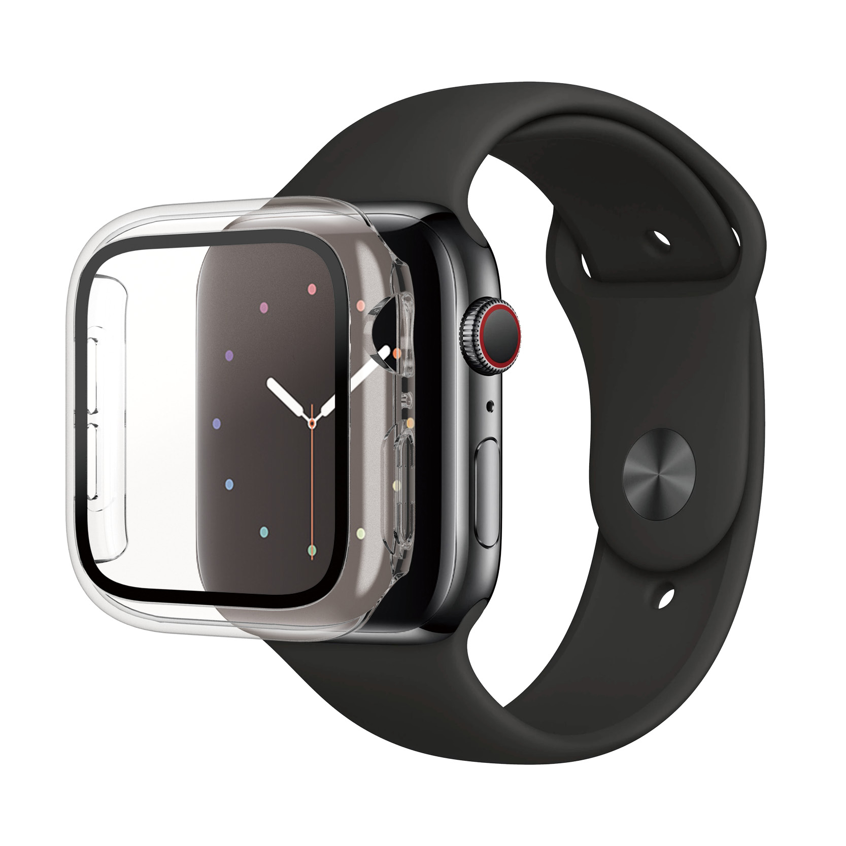 Smartwatch met doorzichtige beschermhoes en zwarte band. Witte achtergrond.