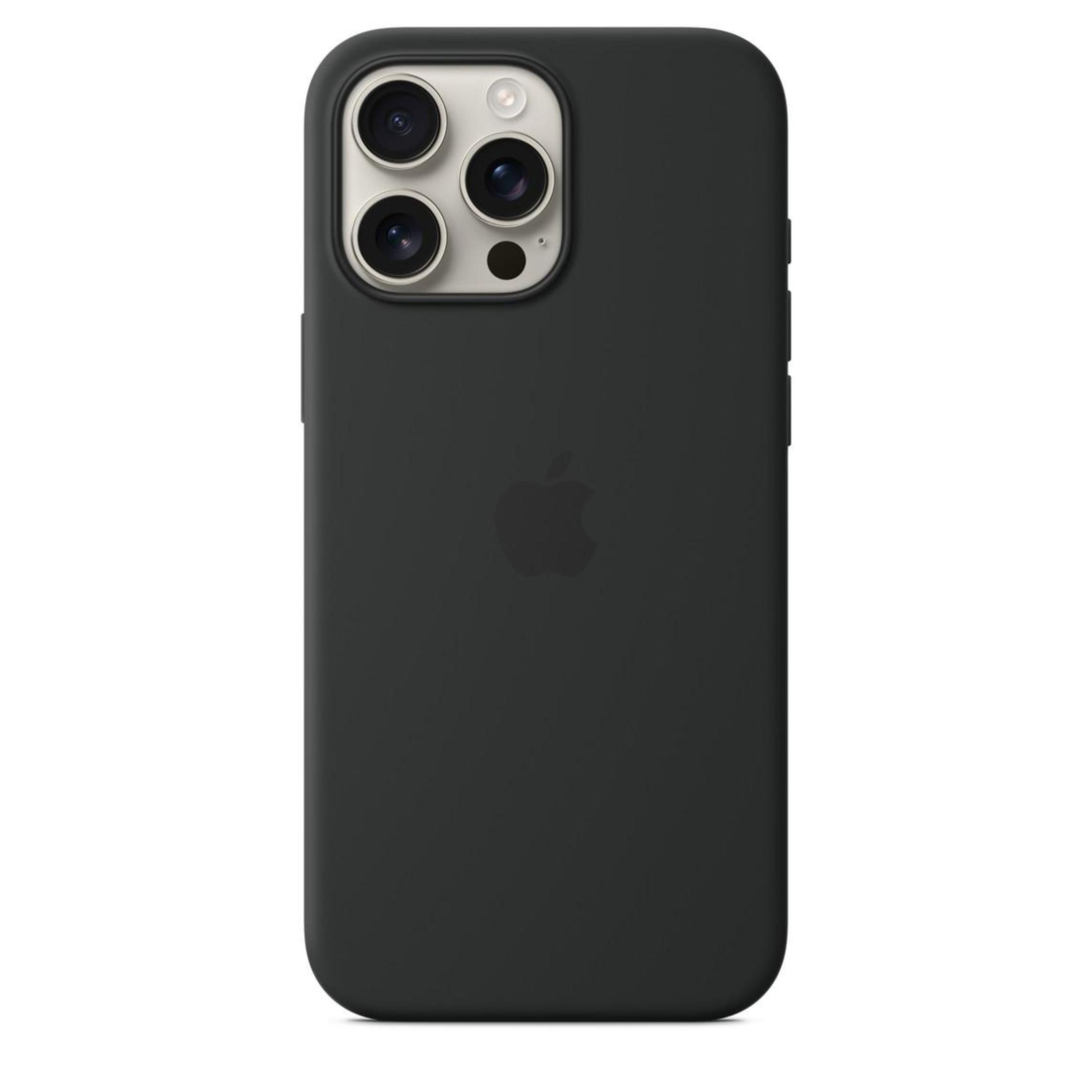 Funda negra de iPhone con logo de Apple y cámara arriba.