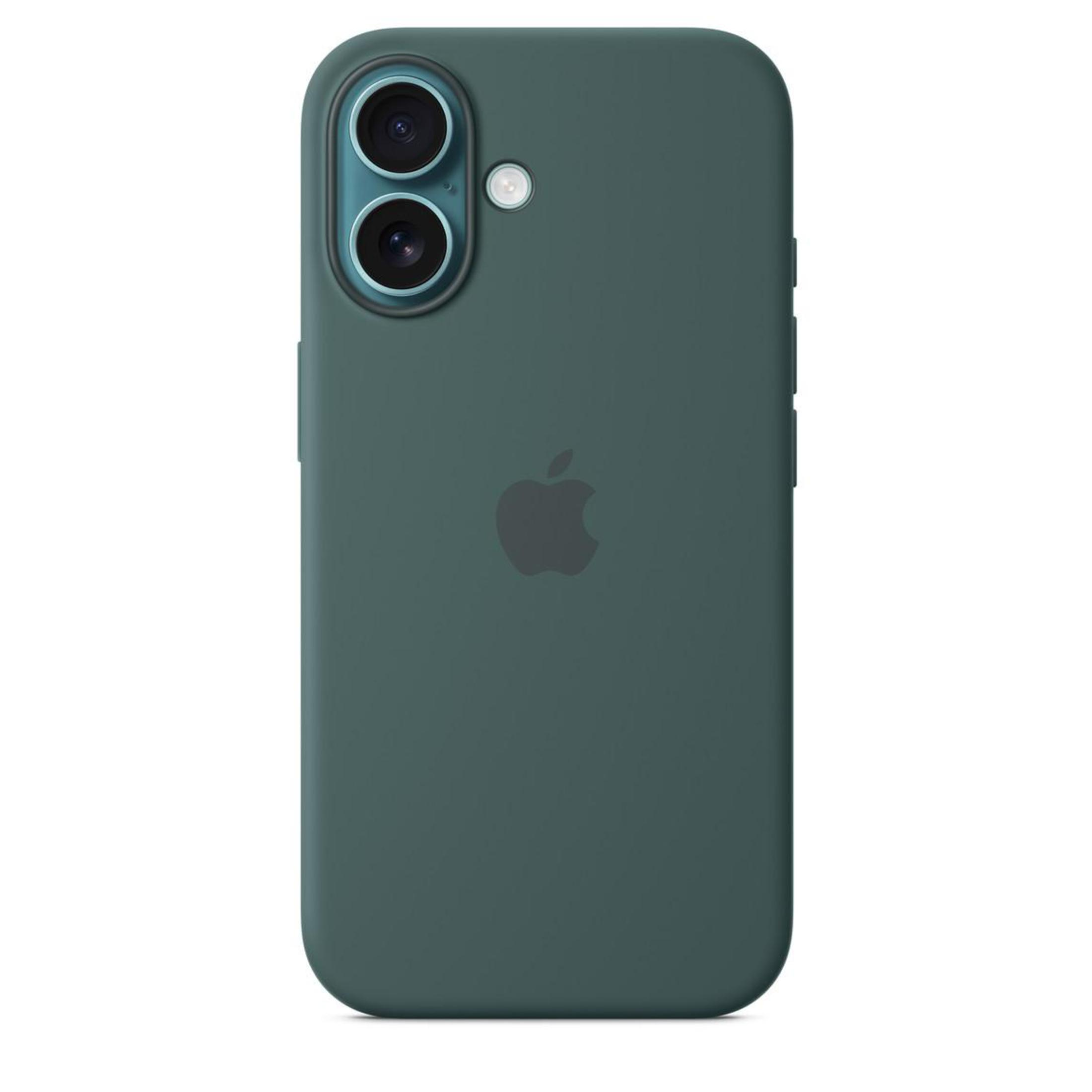 Dark green phone case on a white surface. An Apple logo is centered on the back of the case.
