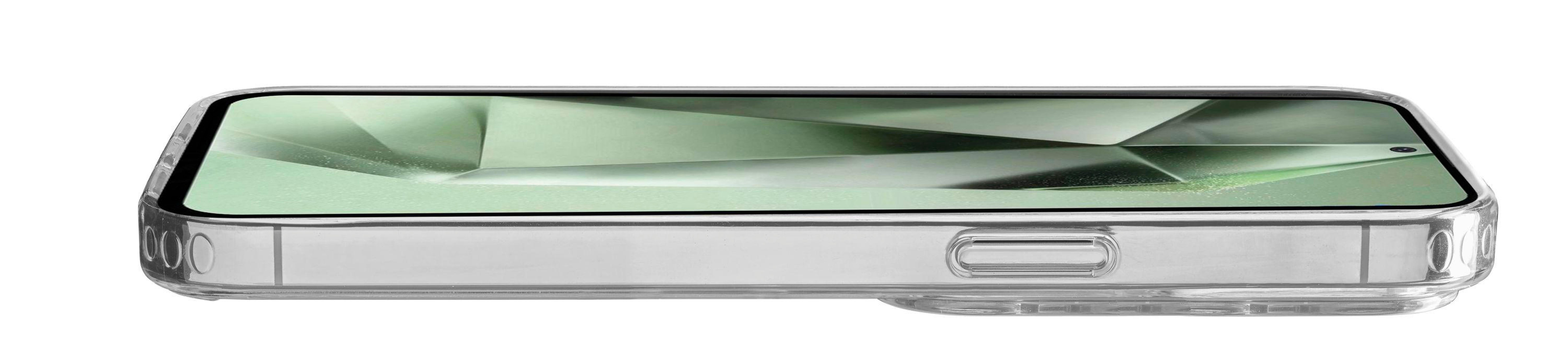 Una custodia trasparente per telefono, che mostra lo schermo di un telefono con un design verde. La custodia è su sfondo bianco.