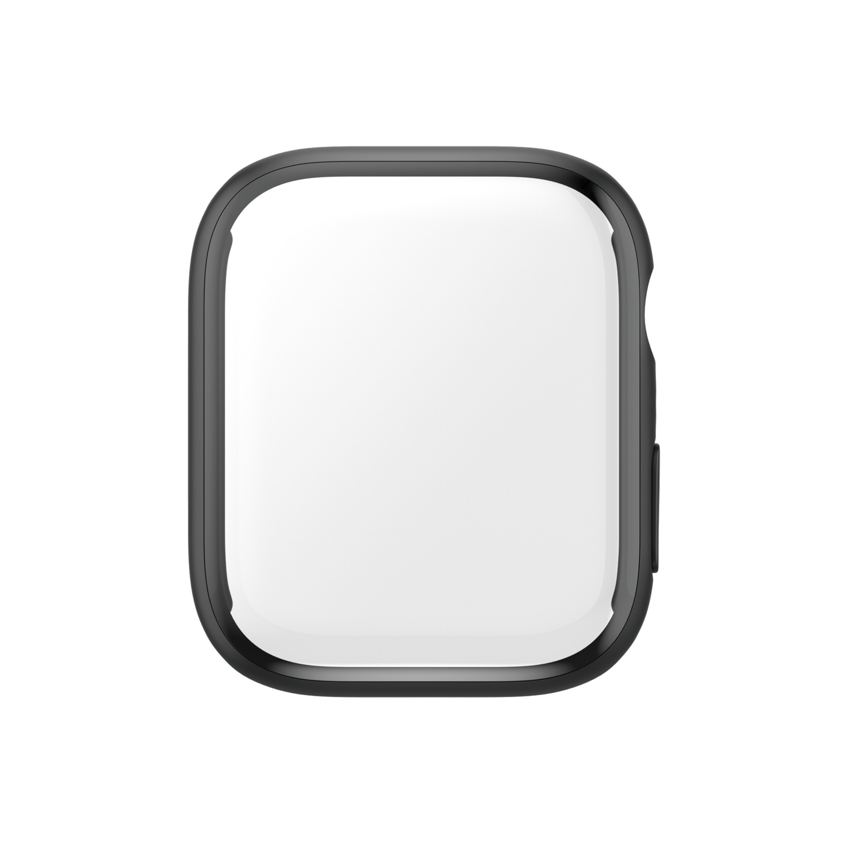 Czarna obudowa Apple Watch z białym ekranem. Jest wykonana z tworzywa sztucznego.