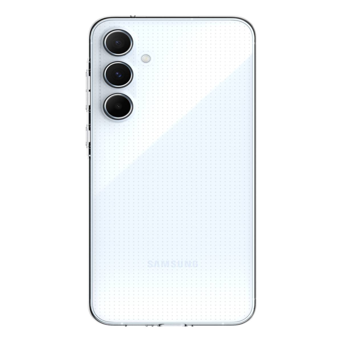 Weißer Samsung-Telefonrücken mit Kameras. Drei Linsen und ein Blitz.