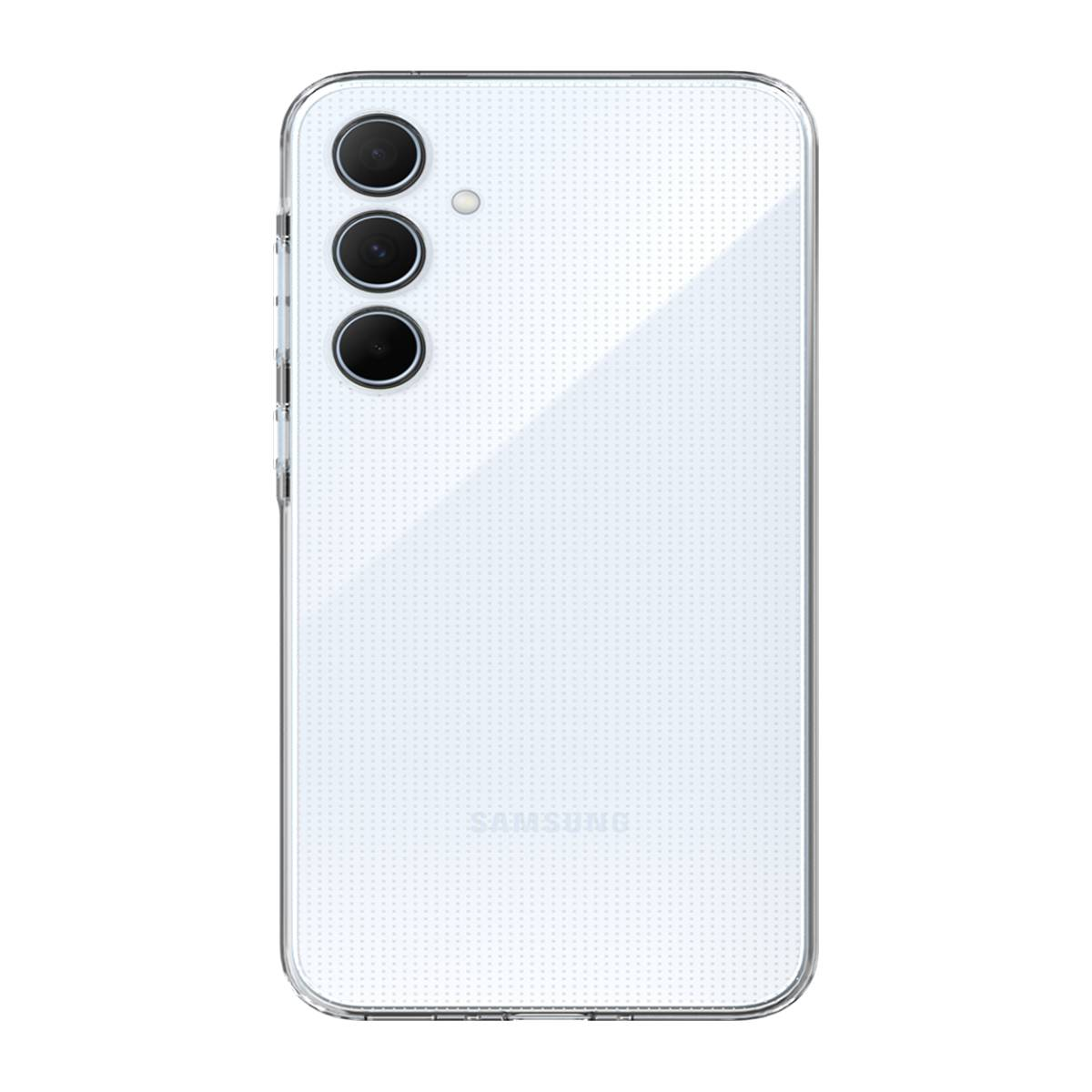 Weißes Smartphone mit drei Rückkameras, silbernem Rahmen und Samsung-Logo.