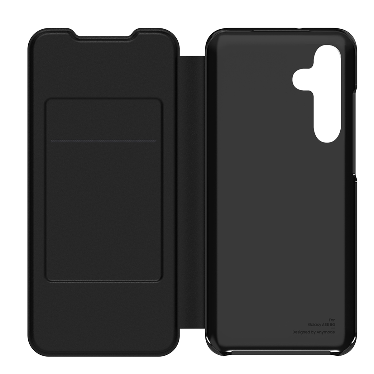 Una funda de teléfono negra, abierta, revelando el interior y el espacio para el teléfono. El texto es visible.