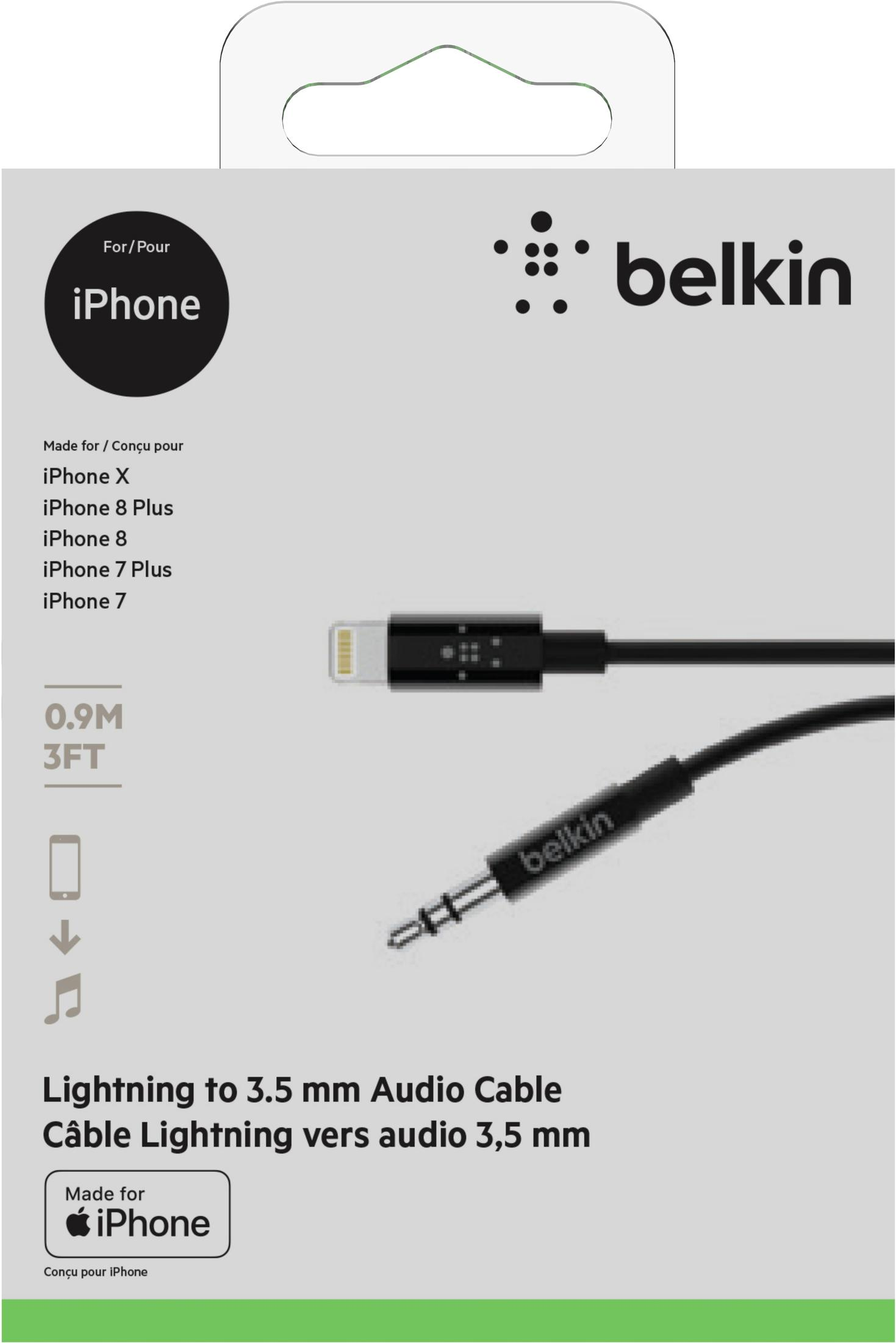 Belkin-Box mit Lightning-auf-3,5-mm-Audiokabel. Schwarzes Kabel angezeigt. Text: Lightning-auf-3,5-mm-Audiokabel.