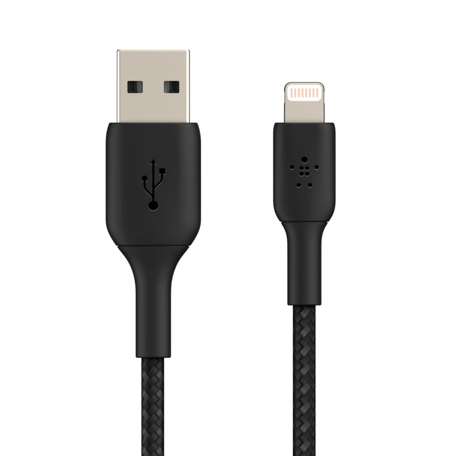 Câble USB vers Lightning noir sur fond blanc, montrant les deux connecteurs.